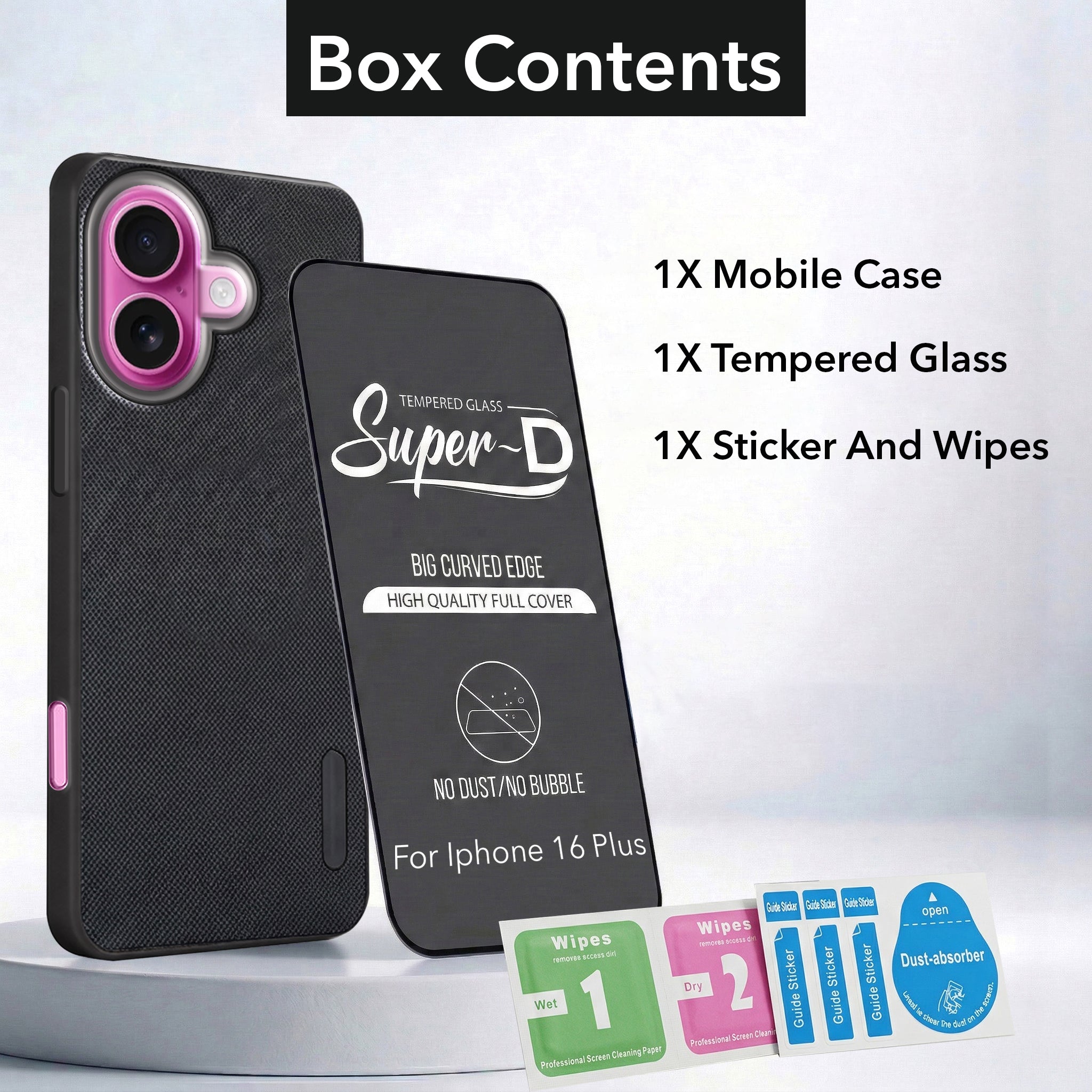For Apple iPhone 16 Plus Combo with Back Cover and 9H Tempered Glass (Textured Grip Design | Micro-Fiber Cloth Inside | Oleophobic Coating Screen Glass)