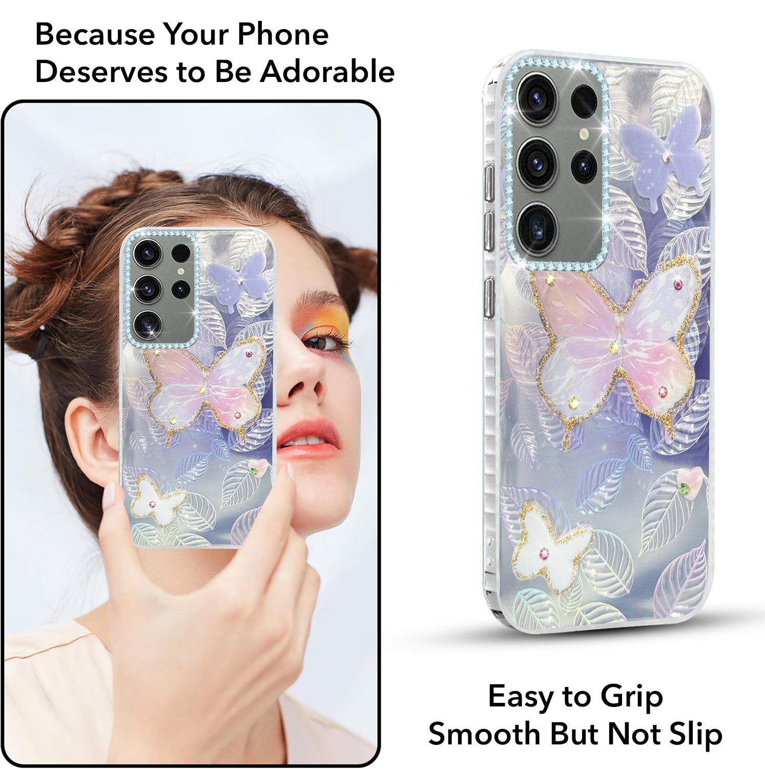 For Samsung Galaxy S23 Ultra Back Cover Case (Luxury Floral Glitter Cute Butterfly | Diamond Studded Camera Bump | Girls & Women Design)