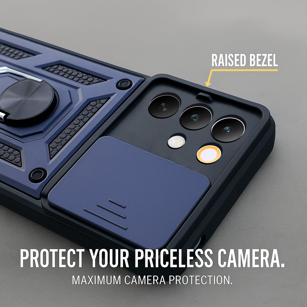 For Realme C85 5G | Realme Narzo 90x Back Cover Case Hybrid Armor (Sliding Shutter Camera Protection | Polycarbonate |Ring Holder Kickstand)