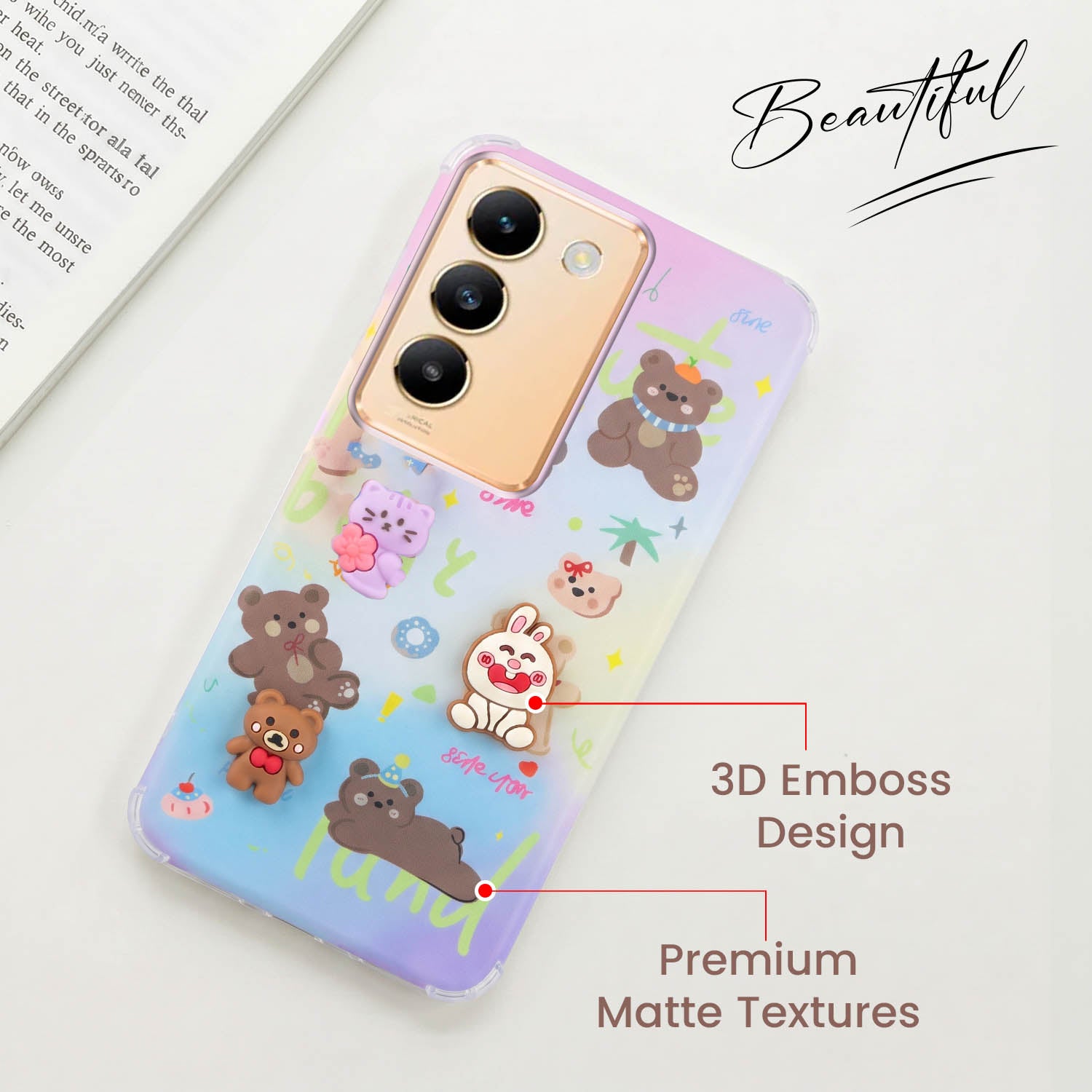 For Vivo Y200e Back Cover Case (3D Cute Cartoons | Hard Back Side Soft | Matte Premium Finish | HD Printing)