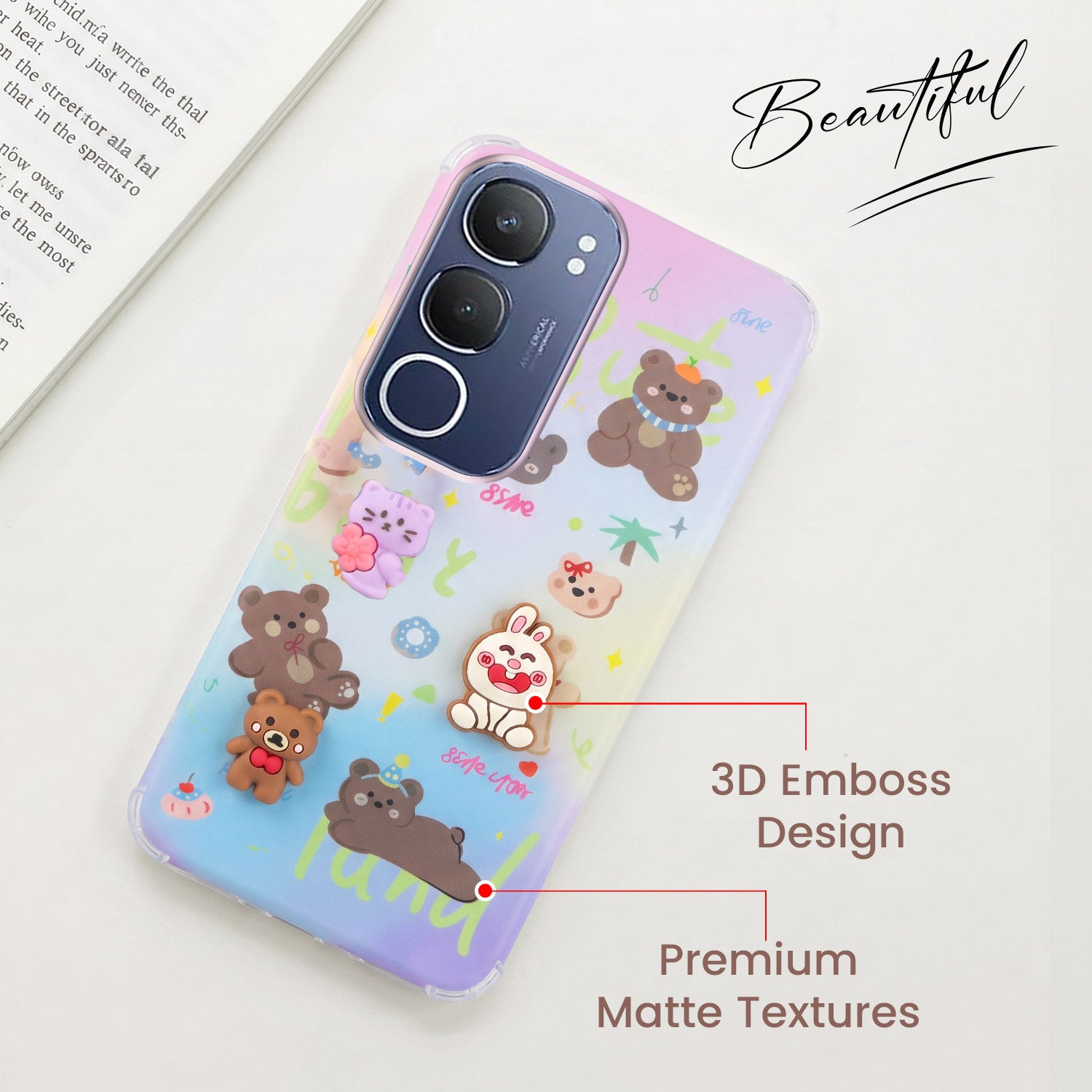 For Vivo Y29 Back Cover Case (3D Cute Cartoons | Hard Back Side Soft | Matte Premium Finish | HD Printing)