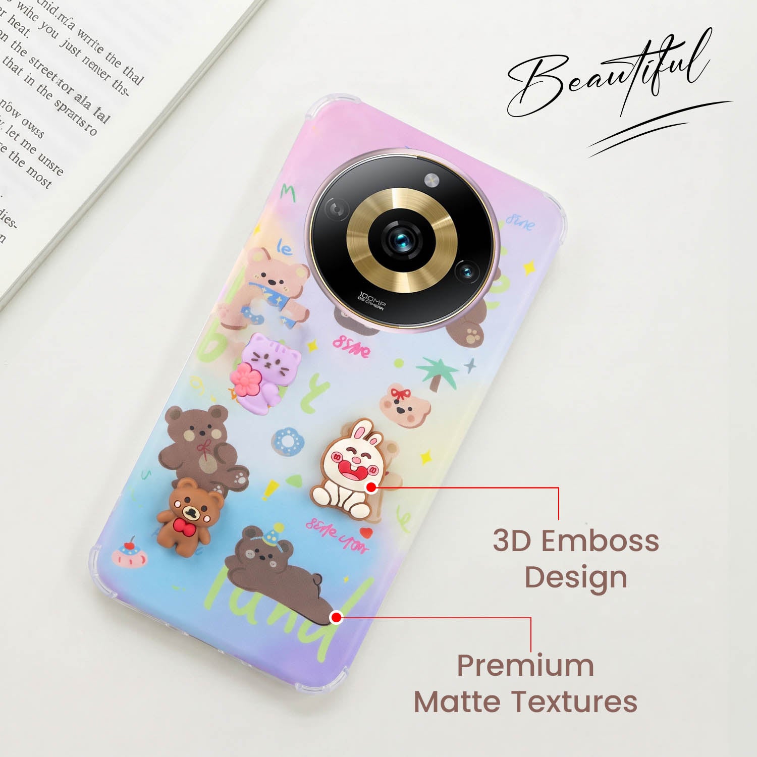 For Realme Narzo 60 Pro Back Cover Case (3D Cute Cartoons | Hard Back Side Soft | Matte Premium Finish | HD Printing)