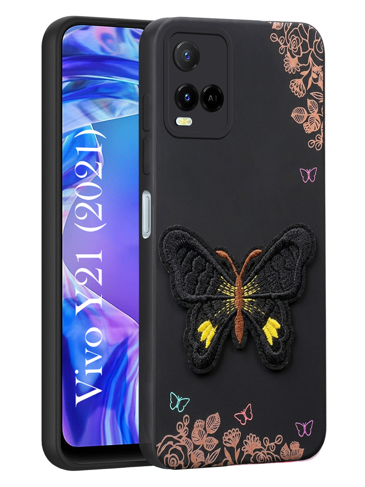 For Vivo Y21 2021 Back Cover Case (Soft Butterfly Embroidery | Women Teen Girls | Camera Protection| Matte Silicone)