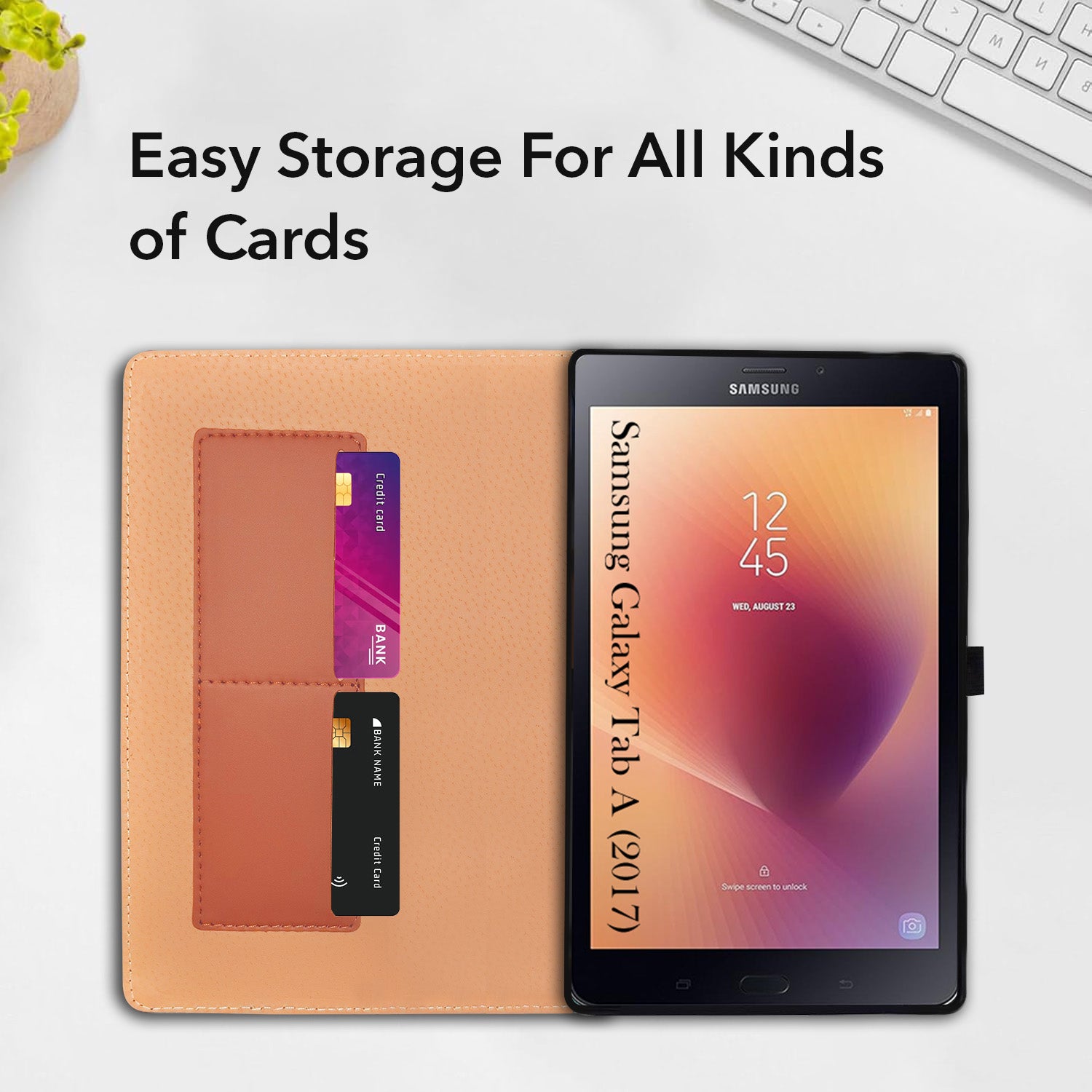 For Samsung Galaxy Tab A T380|T385 8 Inch Flip Cover Folio Cover (PU Matte Leather | Multi-Angle Smart Stand | Card Storage Slots | Silicone Back Pouch)