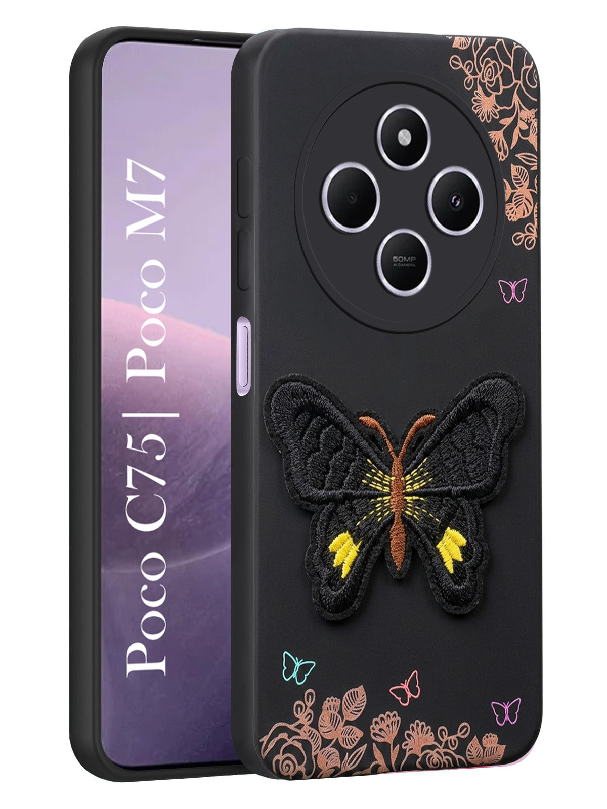 For Poco C75 | Poco M7 Back Cover Case (Soft Butterfly Embroidery | Women Teen Girls | Camera Protection| Matte Silicone)