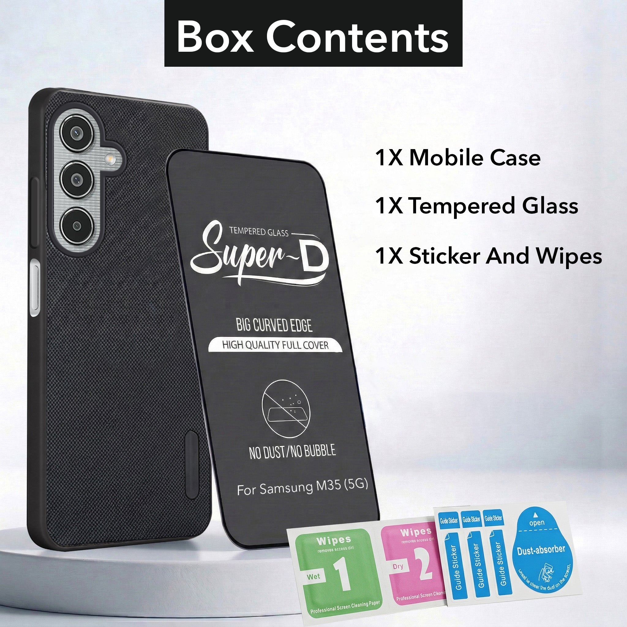 For Samsung Galaxy M35 5G Combo with Back Cover and 9H Tempered Glass (Textured Grip Design | Micro-Fiber Cloth Inside | Oleophobic Coating Screen Glass)