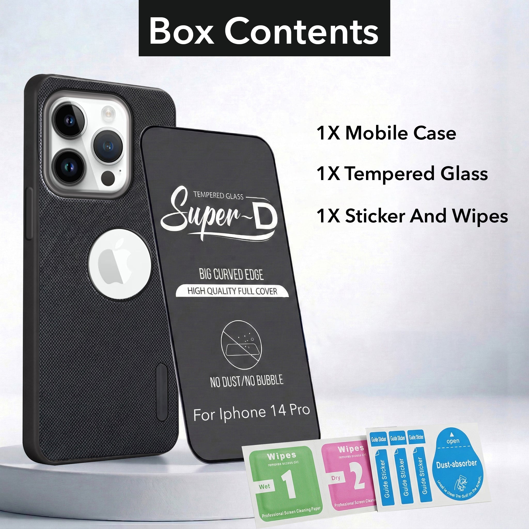 For Apple iPhone 14 Pro Combo with Back Cover and 9H Tempered Glass (Textured Grip Design | Micro-Fiber Cloth Inside | Oleophobic Coating Screen Glass)