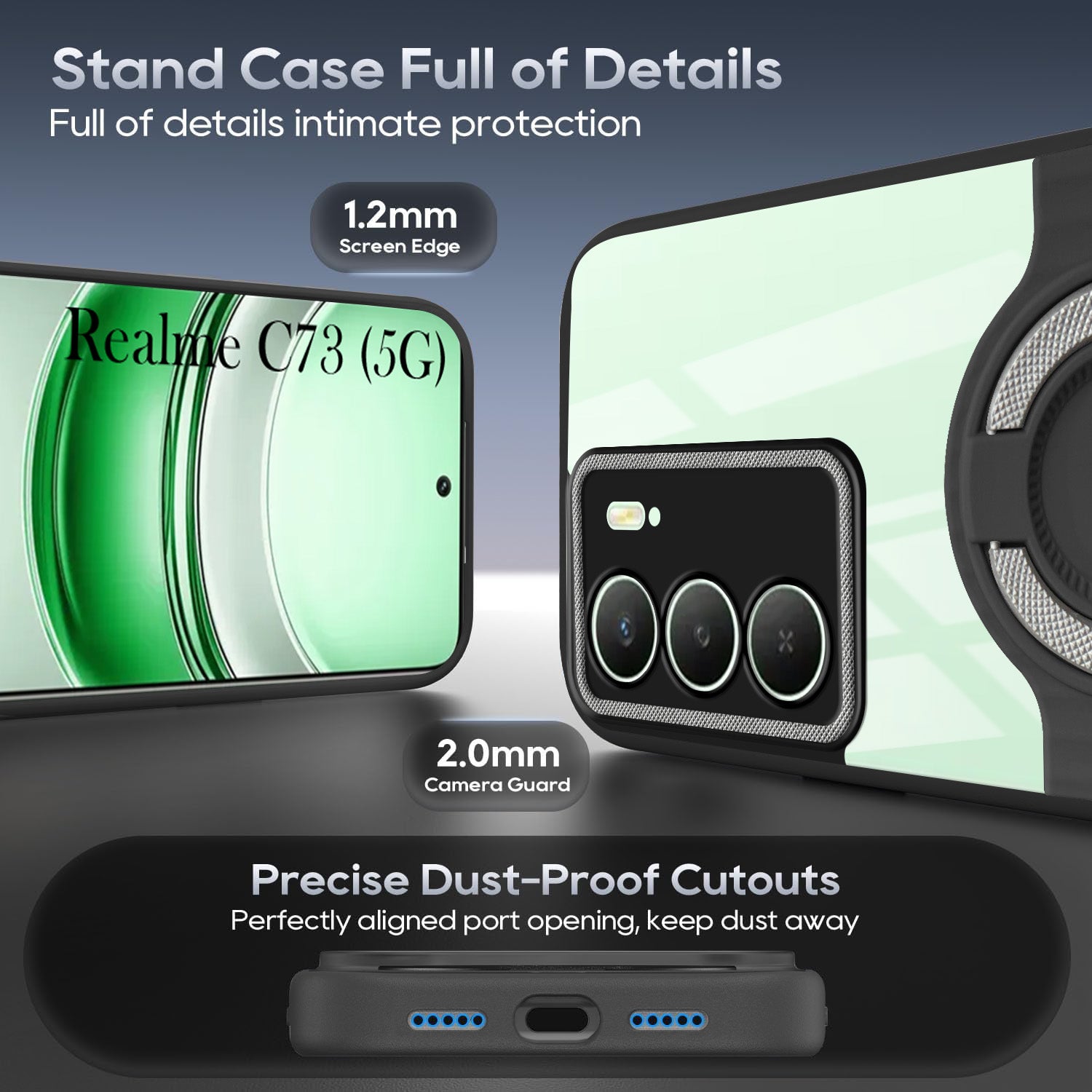 For Realme C73 Back Cover Case with stand (Built-in Ring Holder Kickstand | Lifetime Anti Yellow | Camera Protection)