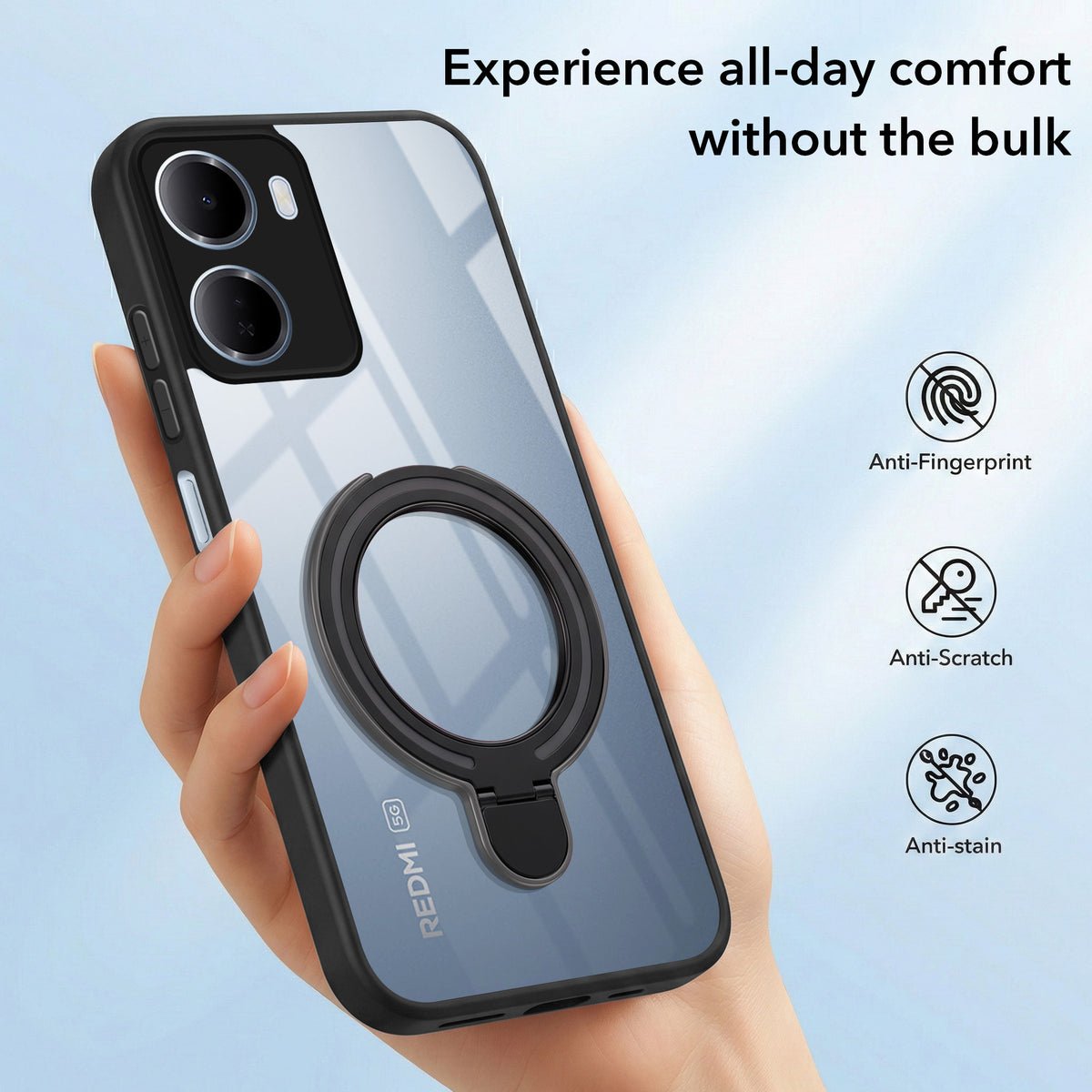 For Redmi 15A 5G Back Cover Case (Kick Stand Ring Holder | Life time Anti Yellow | Camera Protection)