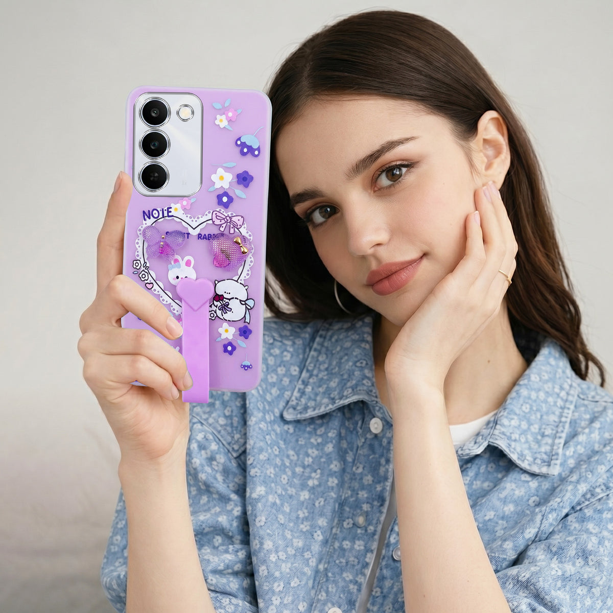 For Realme P4 Lite 5G | Narzo 100 Lite 5G Back Cover Case (3D Cute Heart Strap Holder | Camera Protection | Designer Girls Print)