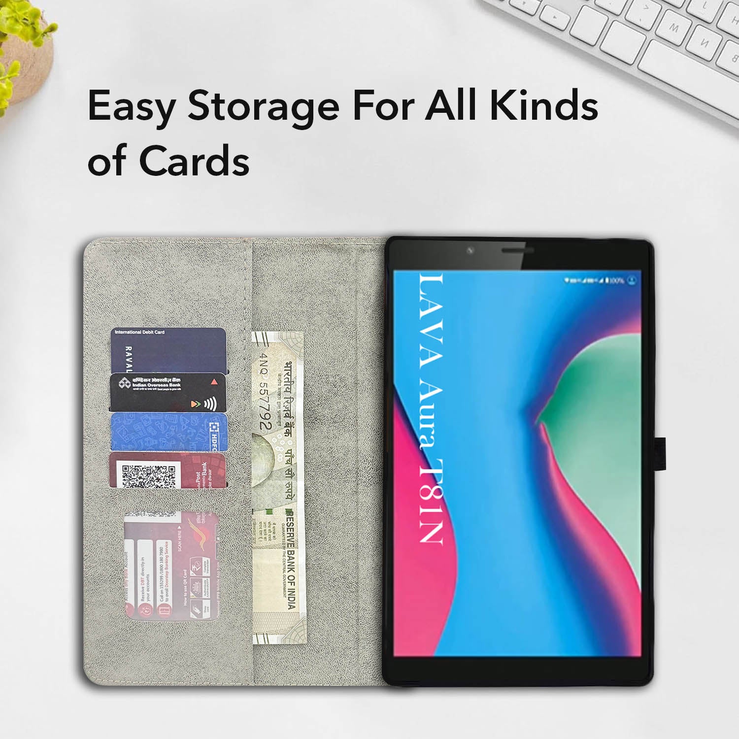 For Flip Cover Folio Case Lava Aura T81N  (UPGOVT) 8 Inch (PU Leather | Multi-Angle Smart Stand | Card Storage Slots | Silicone Back Pouch)