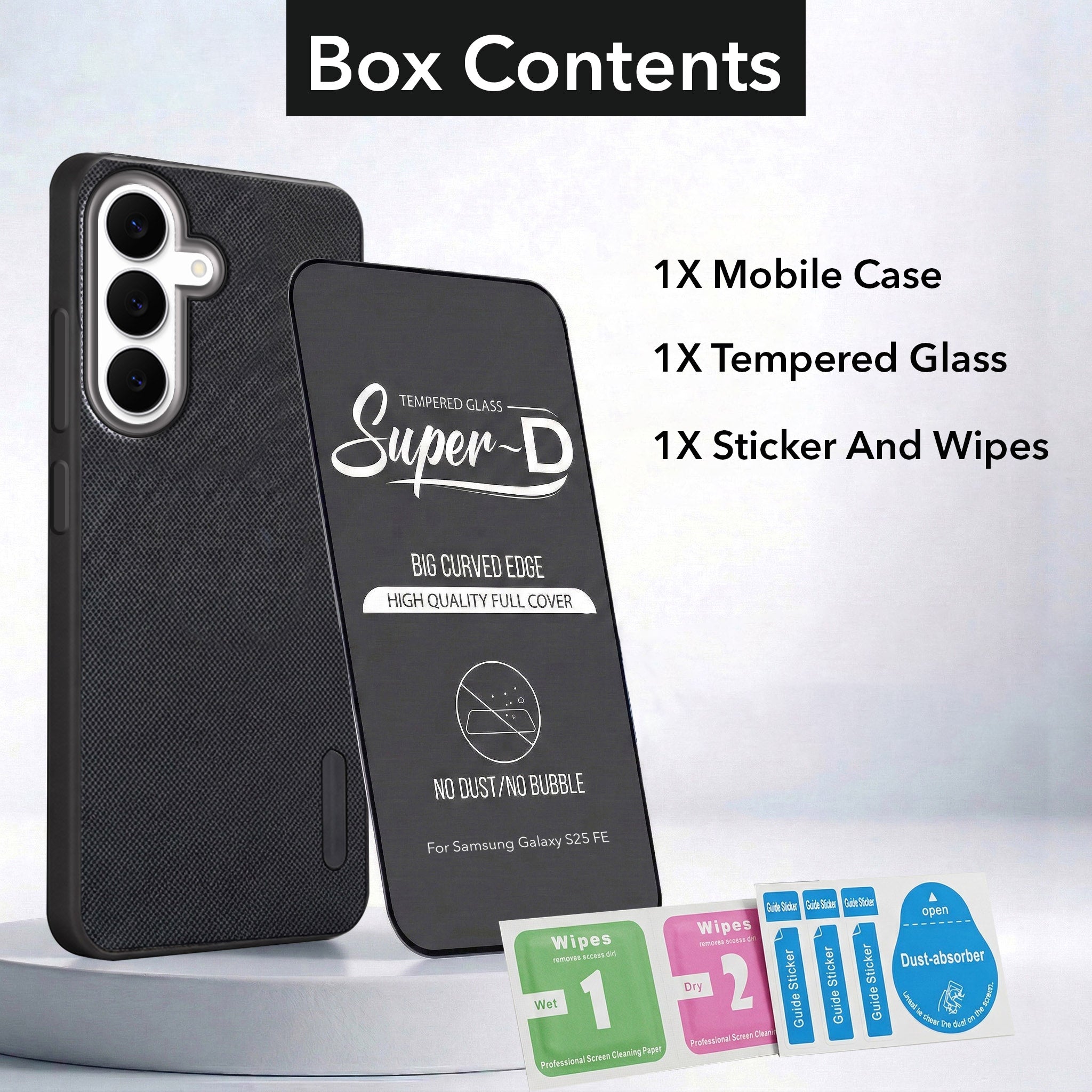 For Samsung Galaxy S25 FE Combo with Back Cover and 9H Tempered Glass (Textured Grip Design | Micro-Fiber Cloth Inside | Oleophobic Coating Screen Glass)
