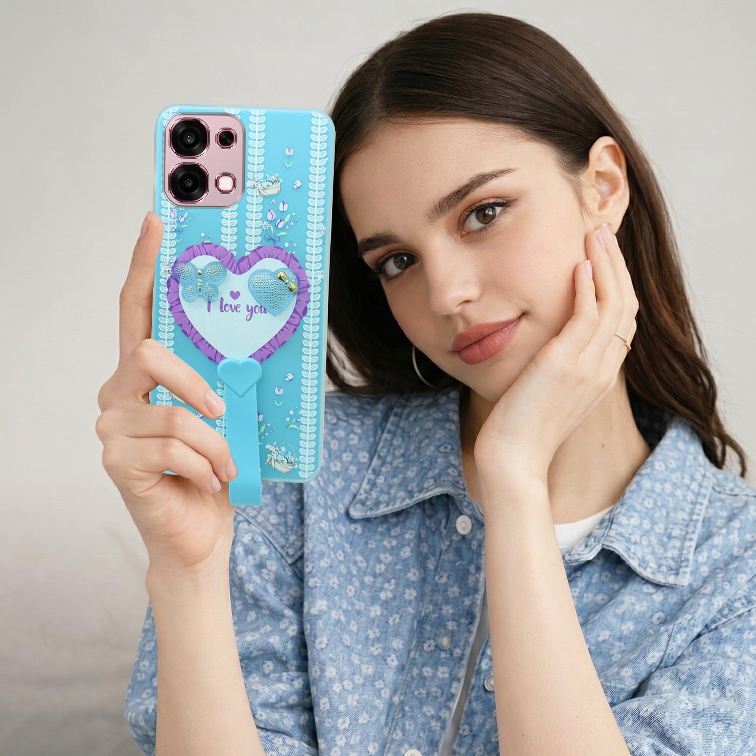 For Oppo F31 5G | Oppo F33 5G Back Cover Case (3D Cute Heart Strap Holder | Camera Protection | Designer Girls Print)