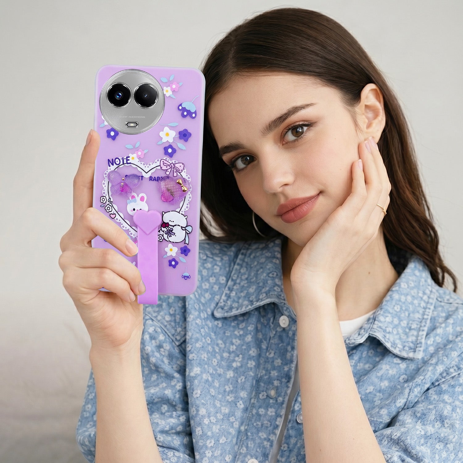 For Realme Narzo 60x Back Cover Case (3D Cute Heart Strap Holder | Camera Protection | Designer Girls Print)