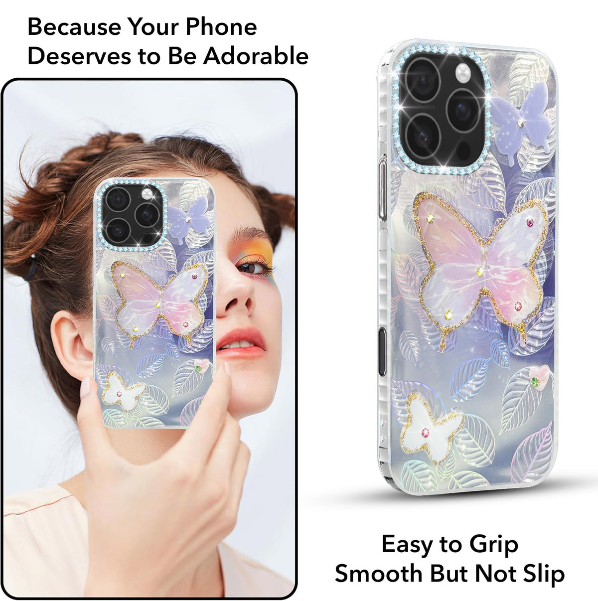 For iPhone 16 Pro Max Back Cover Case (Luxury Floral Glitter Cute Butterfly | Diamond Studded Camera Bump | Girls & Women Design)