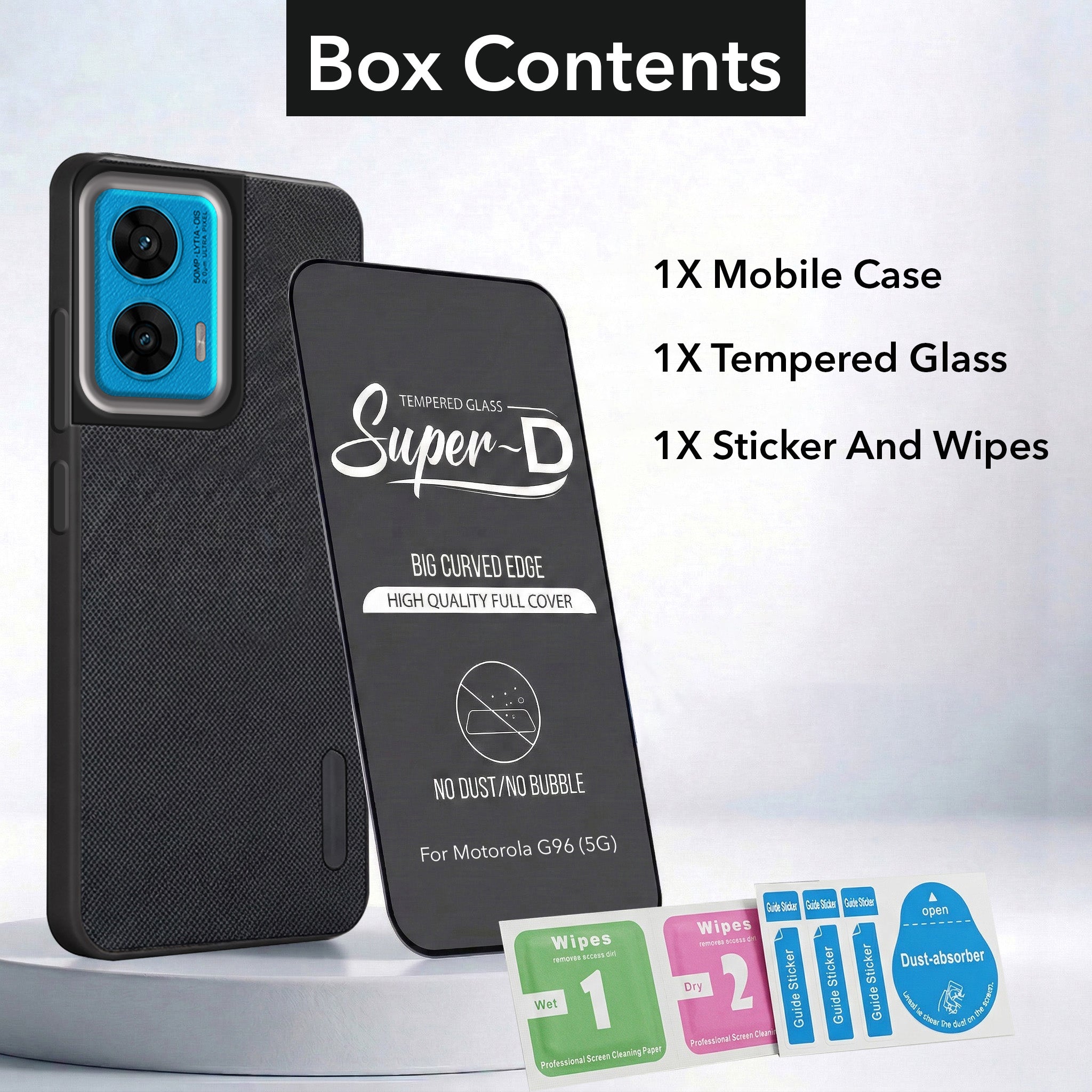 For Motorola Moto G96 Combo with Back Cover and 9H Tempered Glass (Textured Grip Design | Micro-Fiber Cloth Inside | Oleophobic Coating Screen Glass)