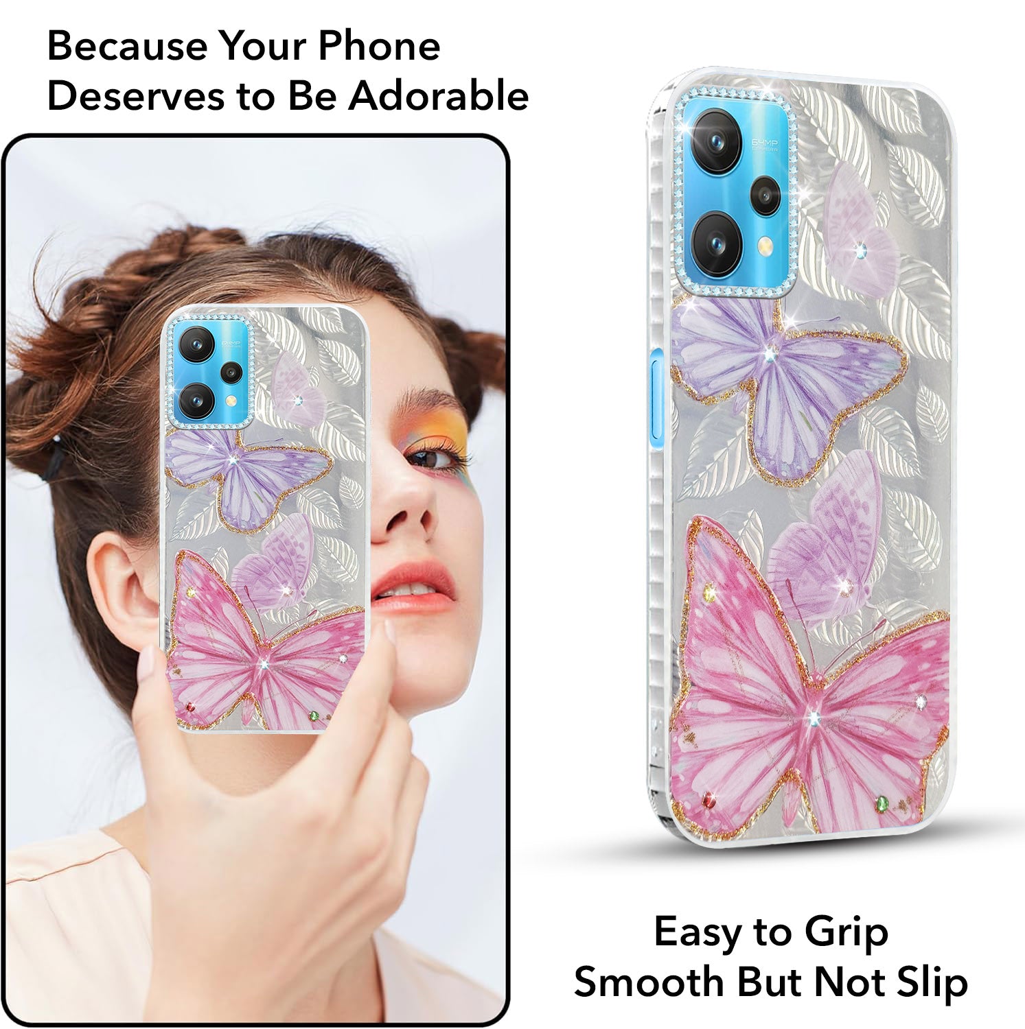 For Realme 9 Pro Back Cover Case (Luxury Floral Glitter Cute Butterfly | Diamond Studded Camera Bump | Girls & Women Design)