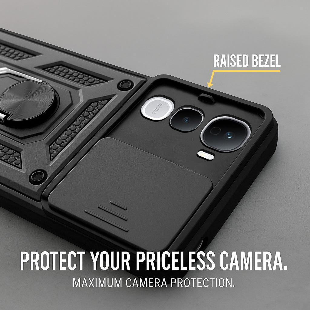 For Vivo Y400 Pro Back Cover Case Hybrid Armor (Sliding Shutter Camera Protection | Polycarbonate |Ring Holder Kickstand)