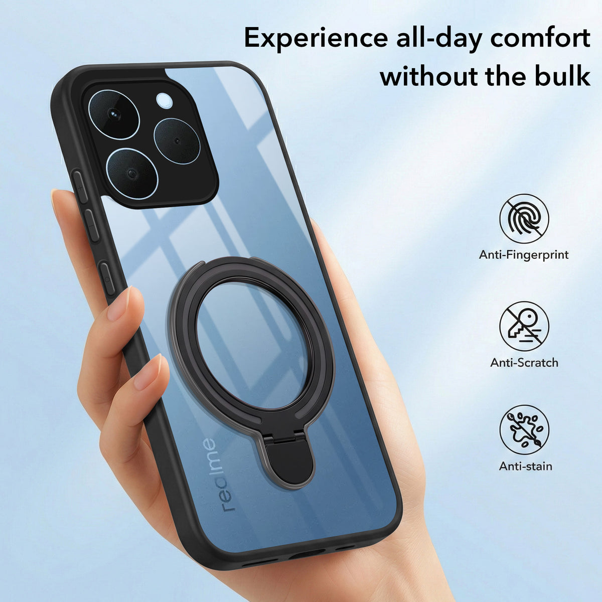 For Realme 15T | Realme Narzo 90 Back Cover Case (Kick Stand Ring Holder | Life time Anti Yellow | Camera Protection)