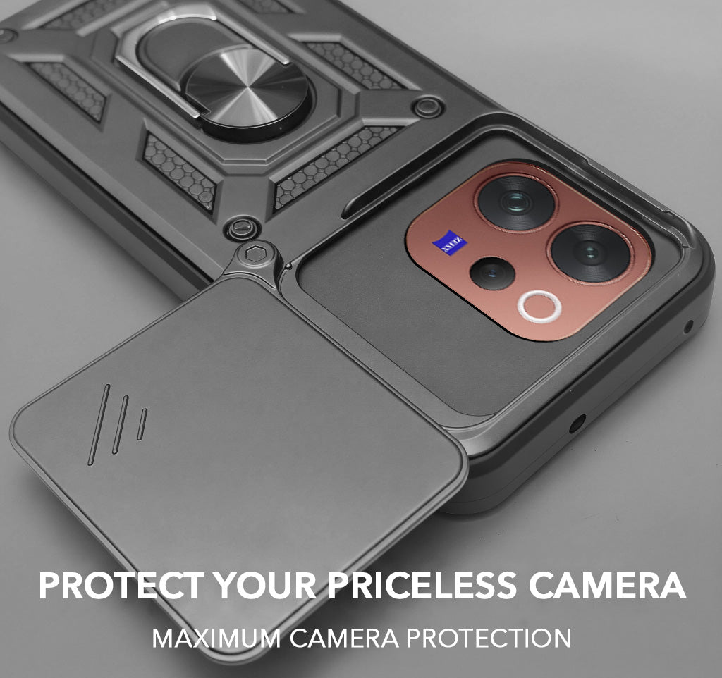For Vivo V70 | Vivo V70 Elite 5G Back Cover Case Hybrid Armor (Sliding Shutter Camera Protection | Polycarbonate |Ring Holder Kickstand)