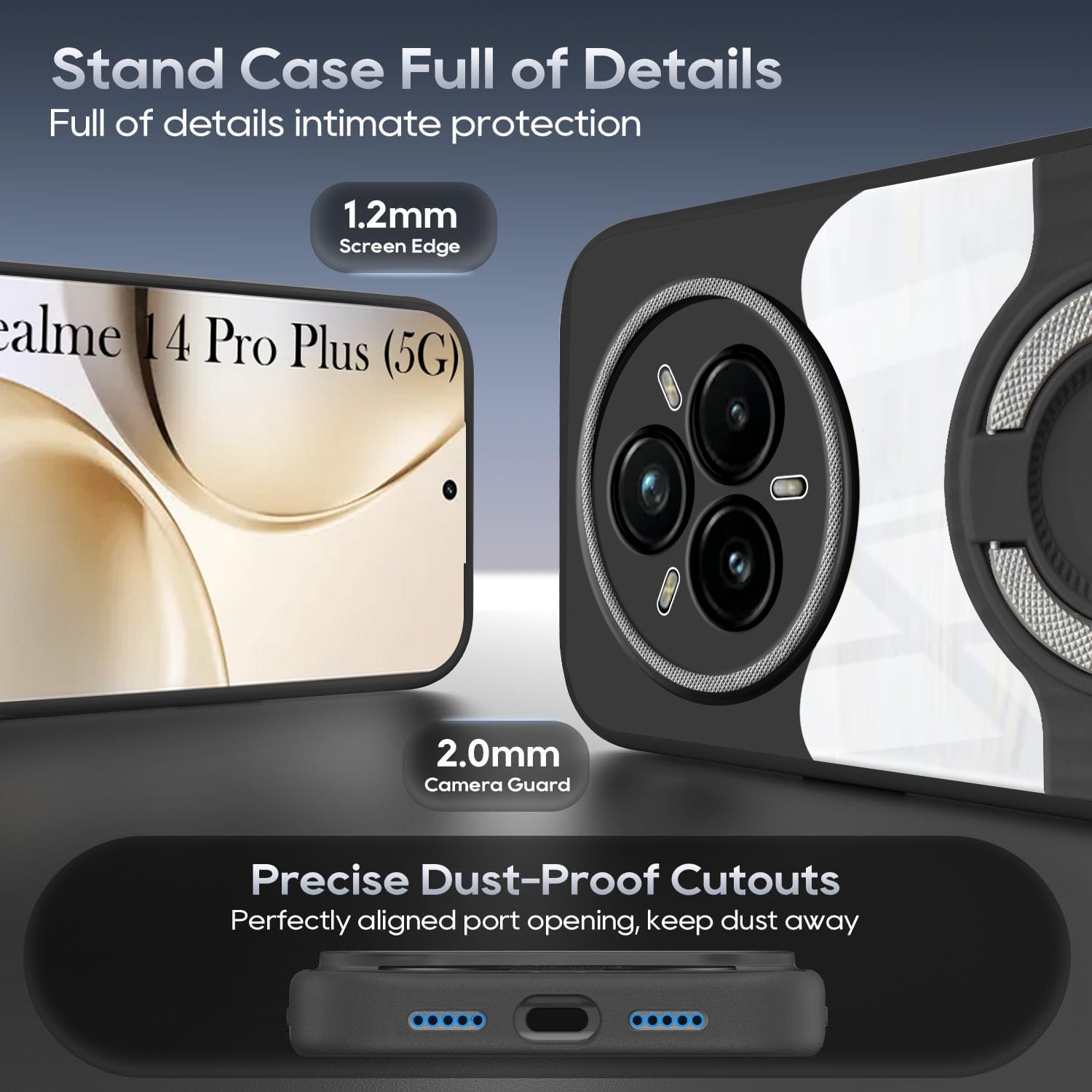 For Realme 14 Pro Plus 5G Back Cover Case with stand (Built-in Ring Holder Kickstand | Lifetime Anti Yellow | Camera Protection)