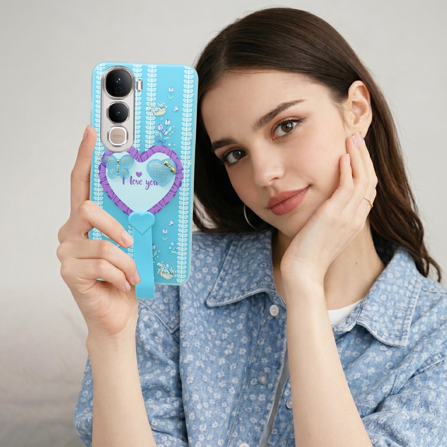 For Vivo Y400 Pro Back Cover Case (3D Cute Heart Strap Holder | Camera Protection | Designer Girls Print)