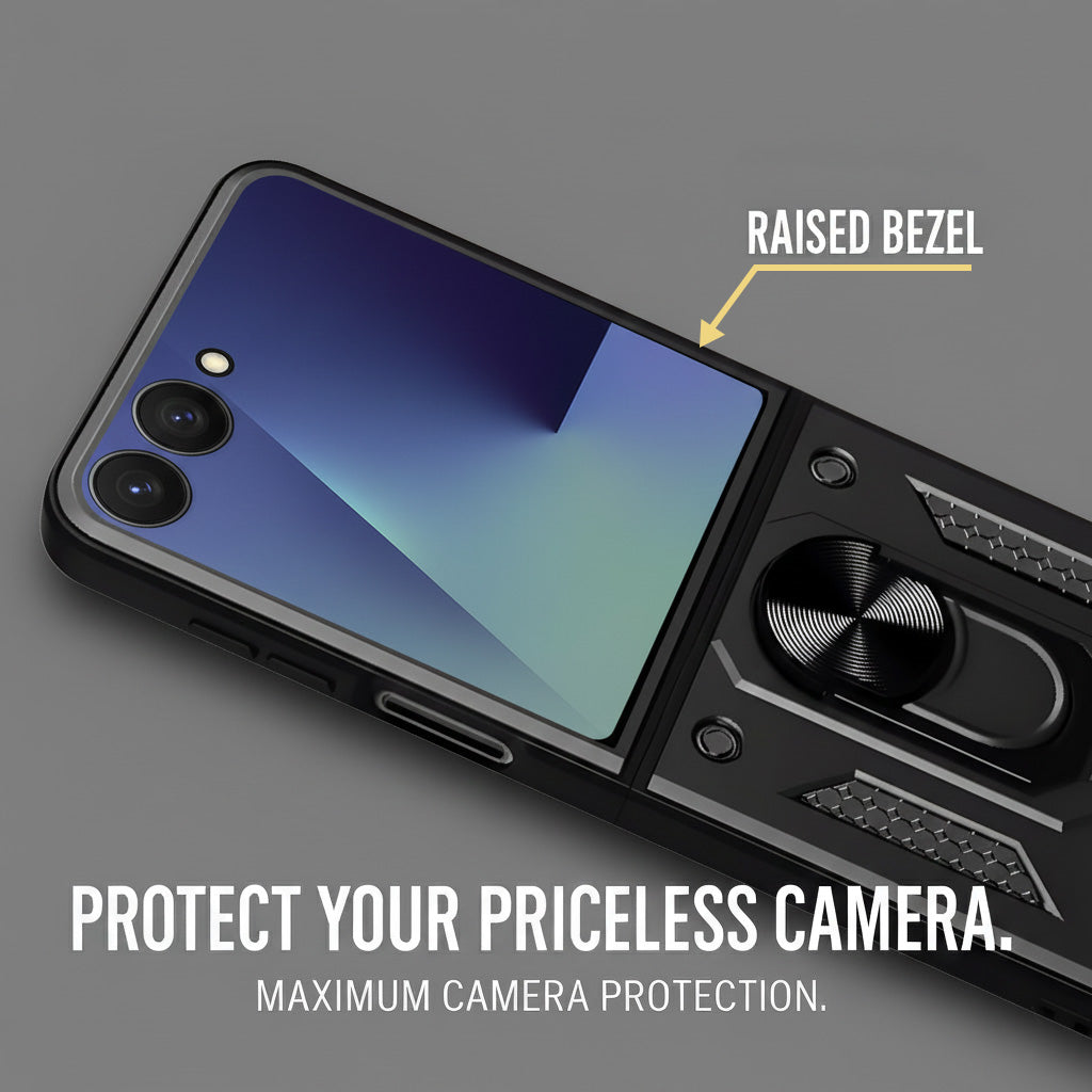 For Samsung Galaxy Z Flip 7 Hybrid Armor (Sliding Shutter Camera Protection | Polycarbonate |Ring Holder Kickstand)
