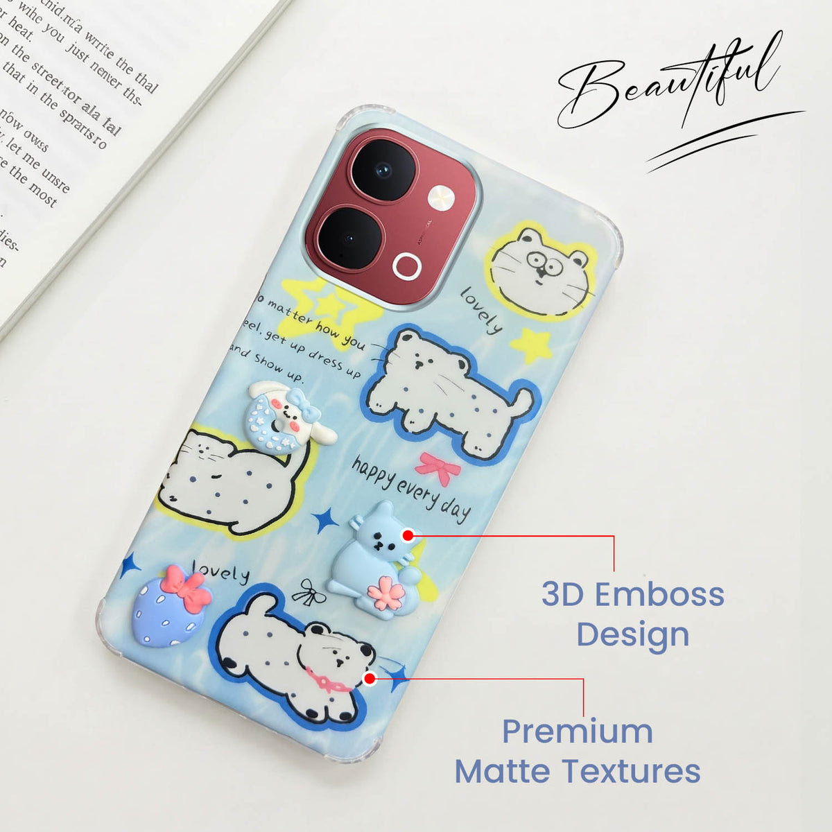 For Vivo Y31T 5G Back Cover Case (3D Cute Cartoons | Hard Back Side Soft | Matte Premium Finish | HD Printing)