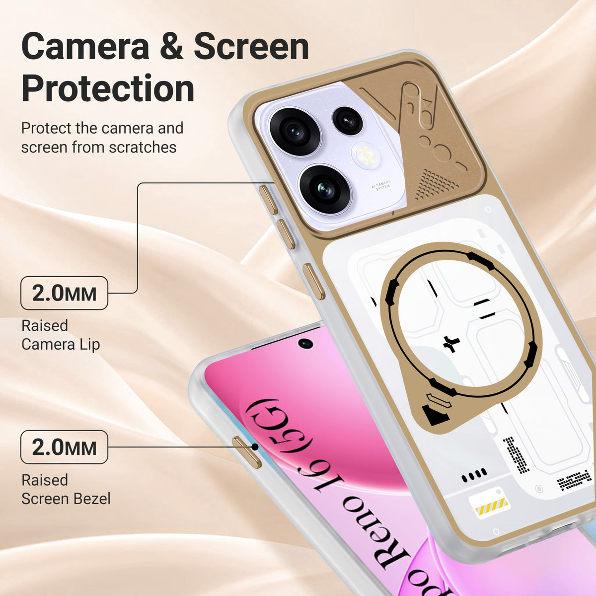 For Oppo Reno 16 Metallic Back Cover Case (Metallic Camera Protection & Buttons | Translucent Milky Shade | Hard Polycarbonate)
