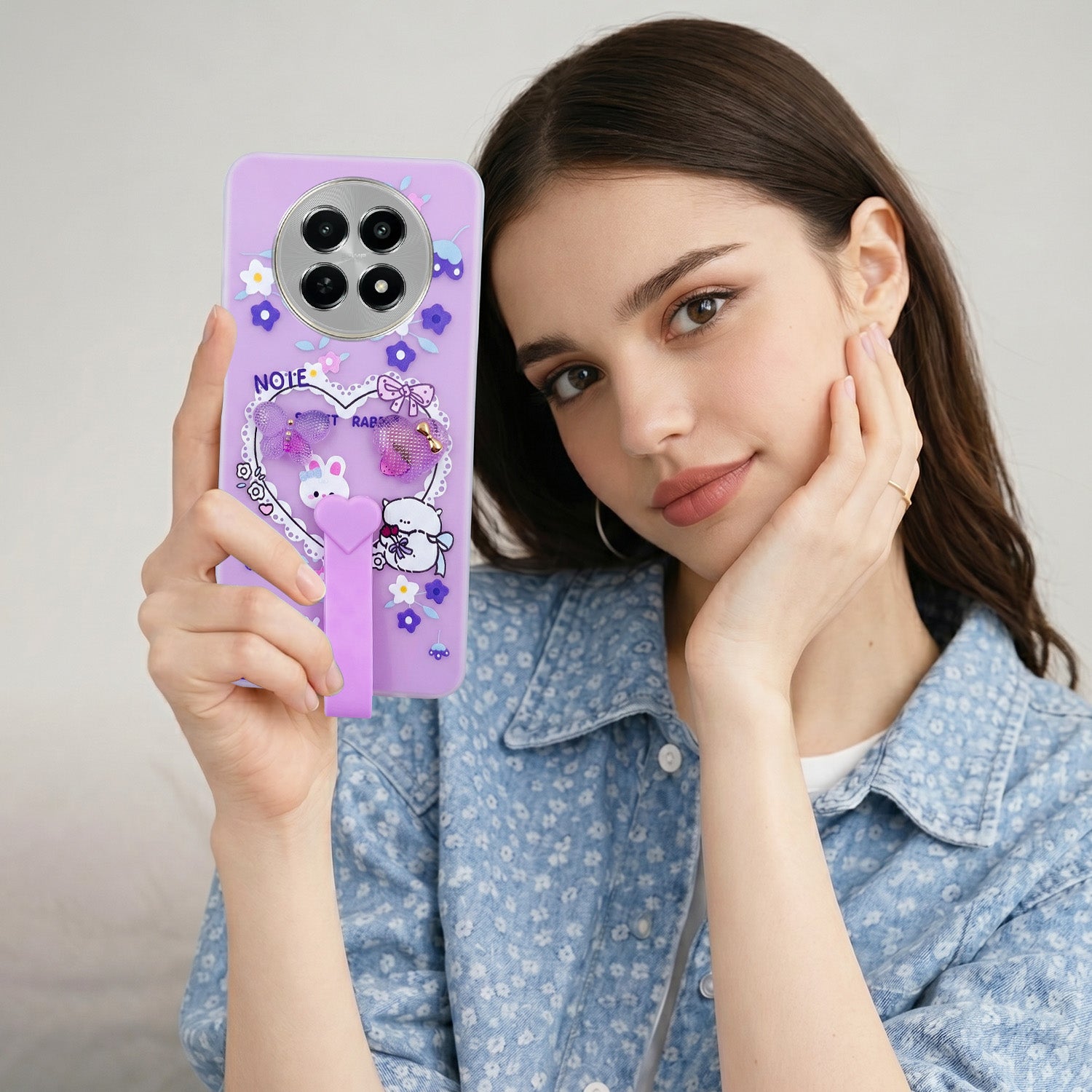 For Realme Narzo N65 5G Back Cover Case (3D Cute Heart Strap Holder | Camera Protection | Designer Girls Print)
