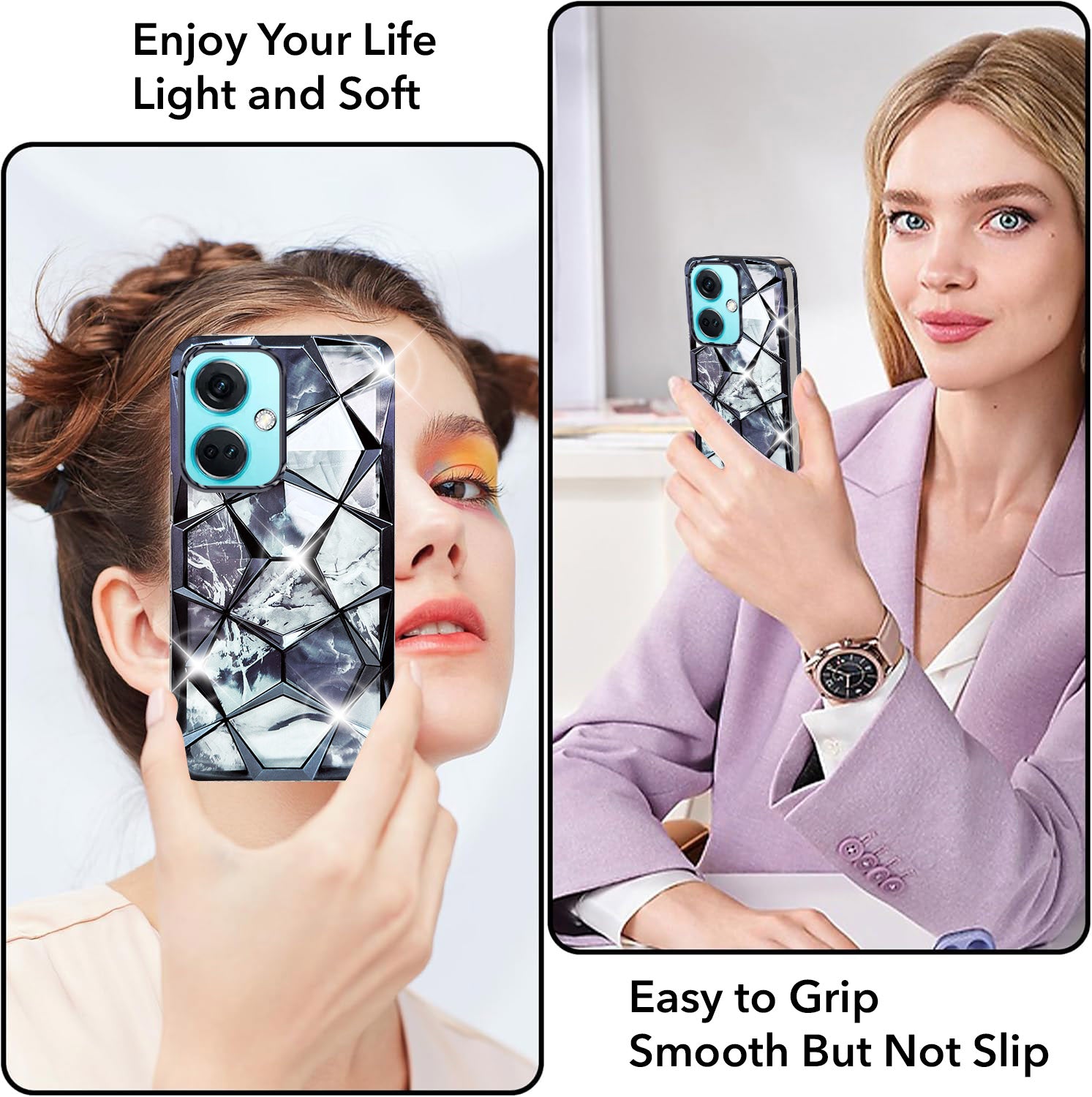 For OnePlus Nord CE 3 Back Cover Case (Dual Design Glitter Sparkle and Detachable Diamond Print Case | Soft and Flexible)