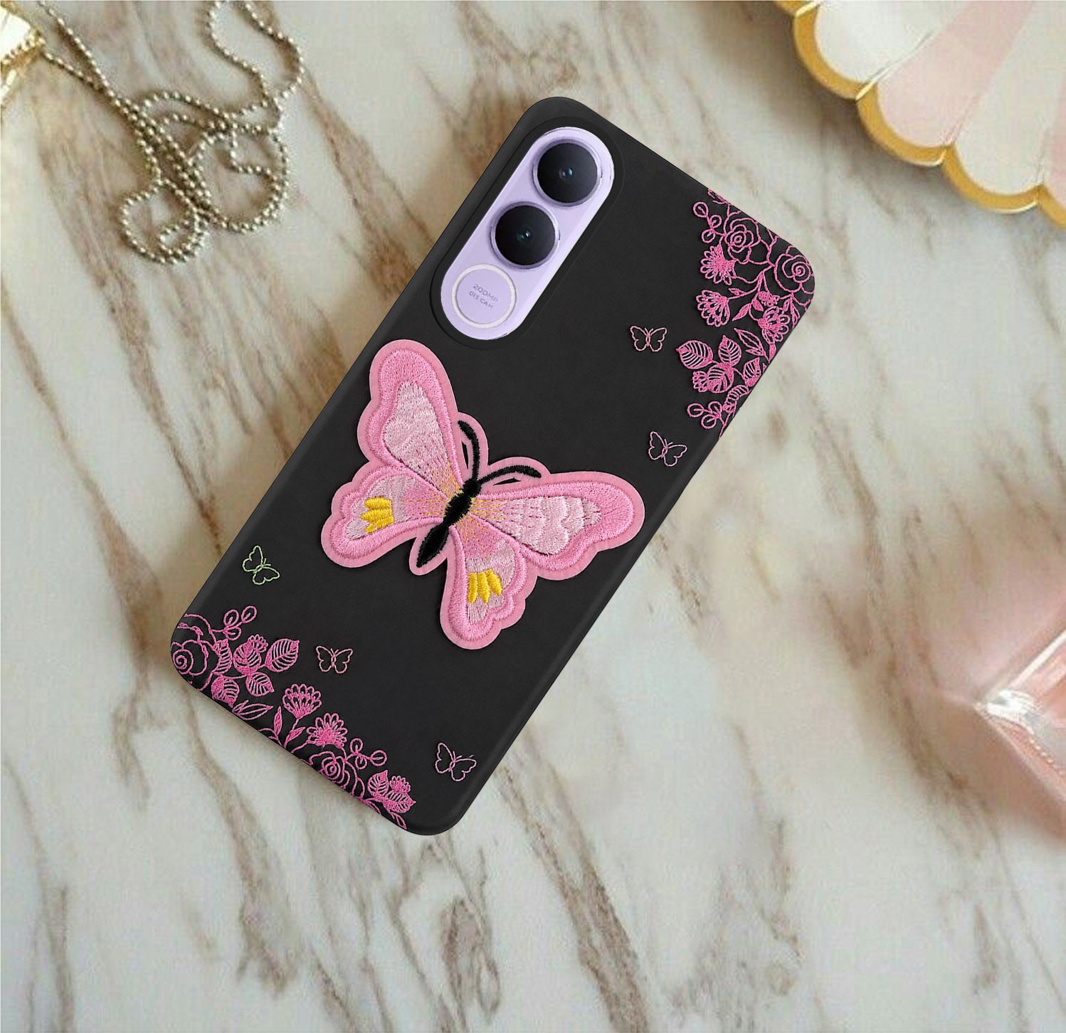 For Vivo V70 FE 5G Back Cover Case (Soft Butterfly Embroidery | Women Teen Girls | Camera Protection| Matte Silicone)