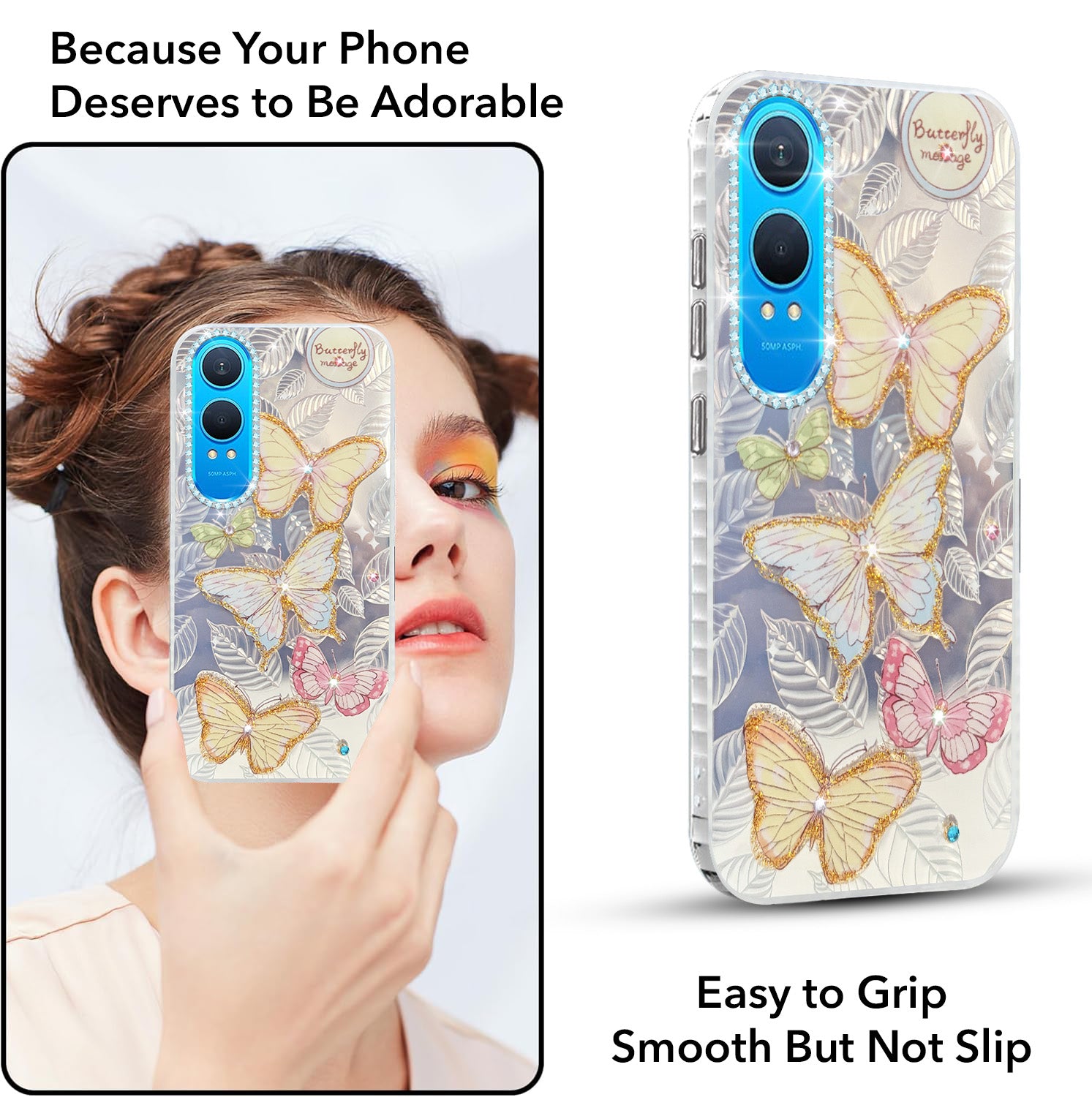 For OnePlus Nord CE 4 Lite Back Cover Case (Luxury Floral Glitter Cute Butterfly | Diamond Studded Camera Bump | Girls & Women Design)
