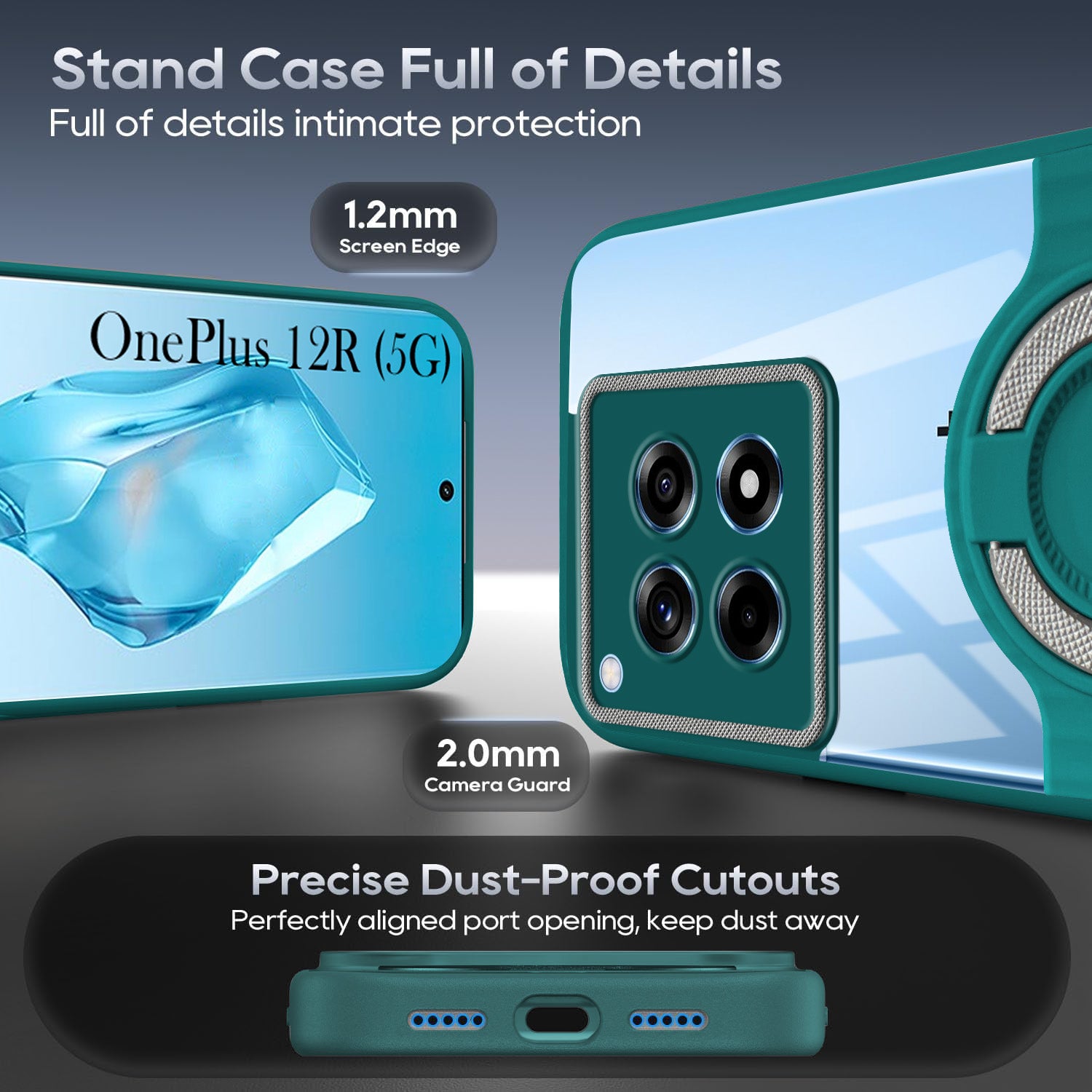 For OnePlus 12R 5G Back Cover Case with stand (Built-in Ring Holder Kickstand | Lifetime Anti Yellow | Camera Protection)
