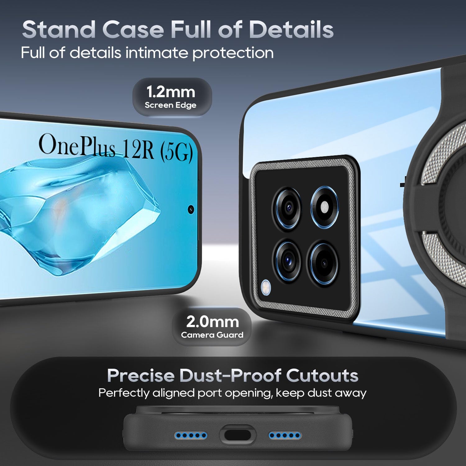 For OnePlus 12R 5G Back Cover Case with stand (Built-in Ring Holder Kickstand | Lifetime Anti Yellow | Camera Protection)