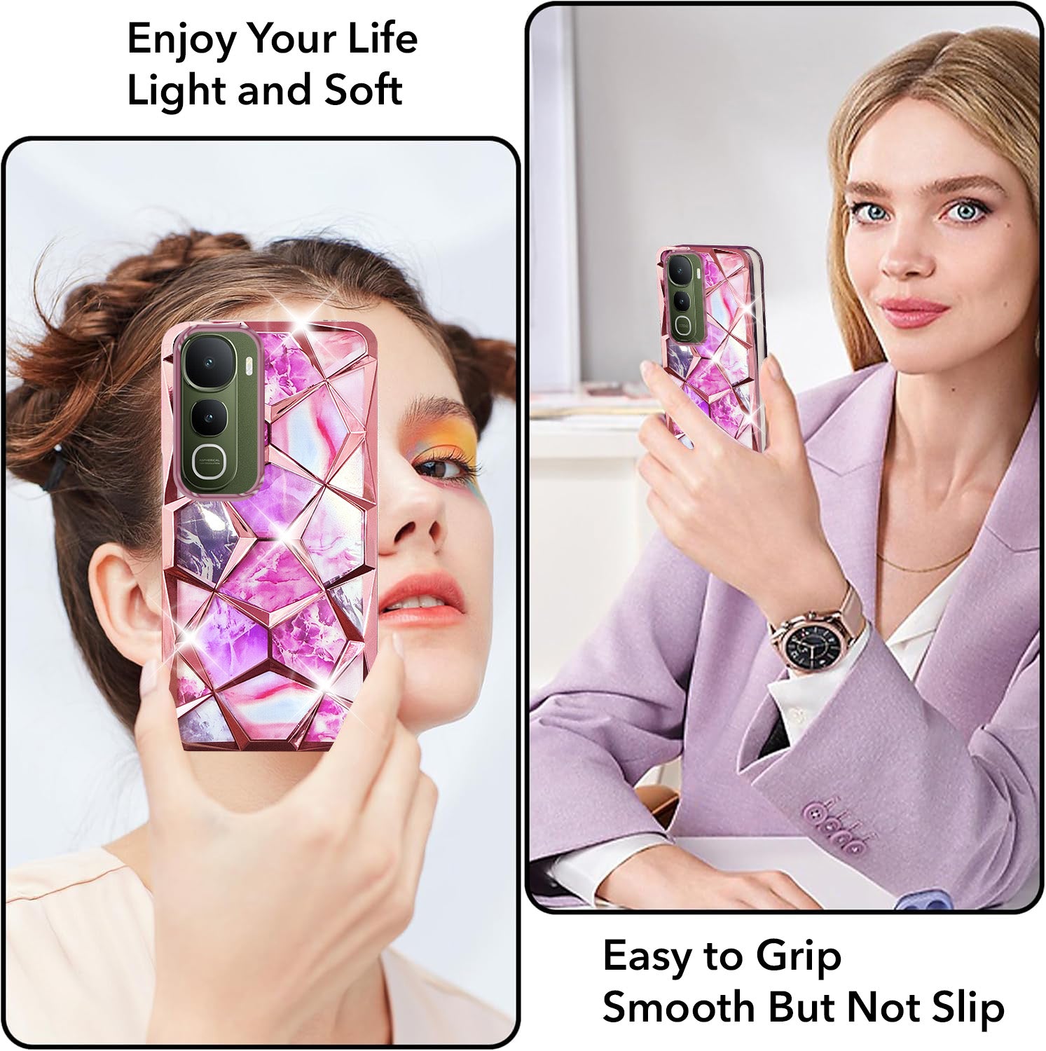 For Vivo Y400 Back Cover Case 3D Silicone Compatible (Dual Design Glitter Sparkle and Detachable Diamond Print Case | Soft and Flexible)