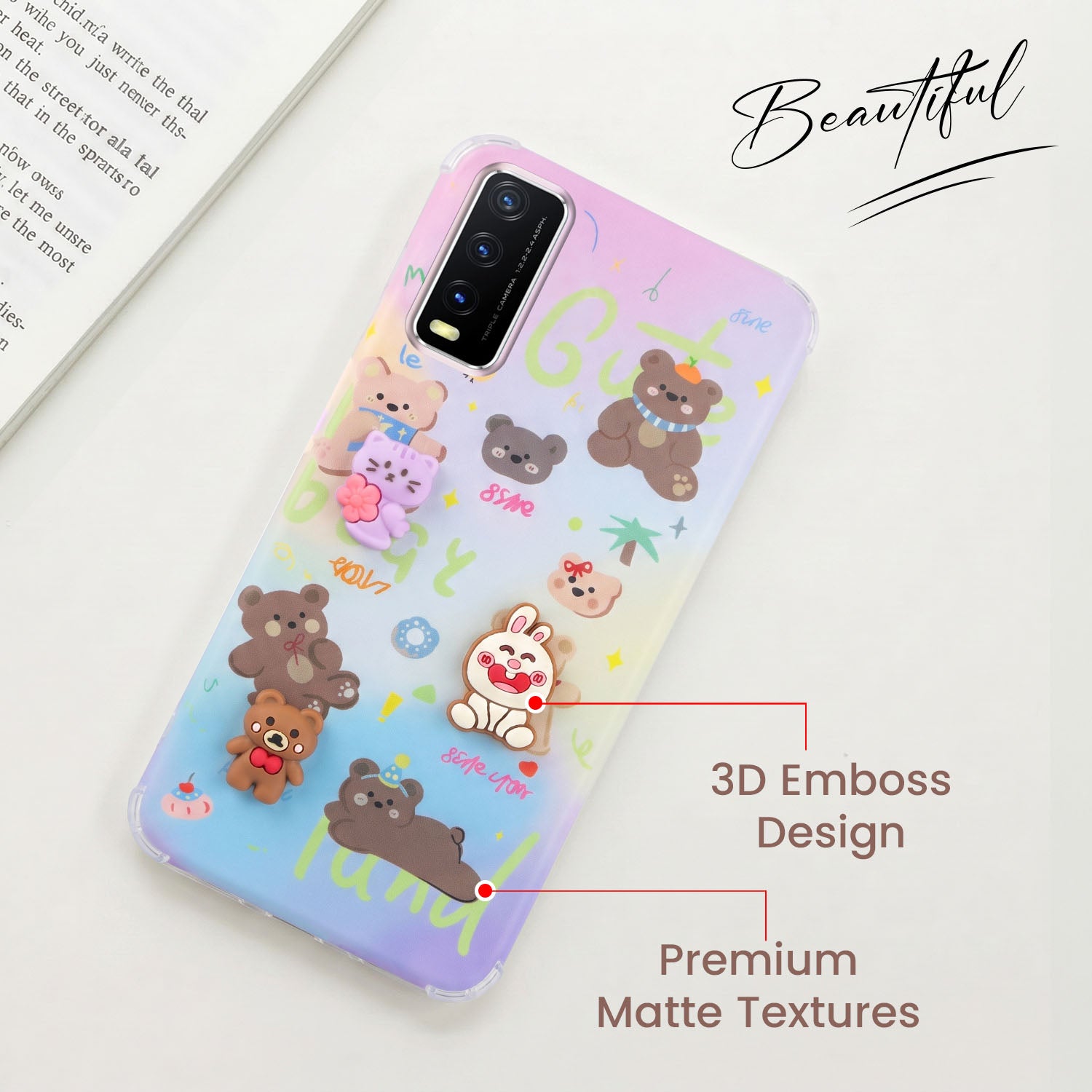For Vivo Y20 | Y20i Back Cover Case (3D Cute Cartoons | Hard Back Side Soft | Matte Premium Finish | HD Printing)
