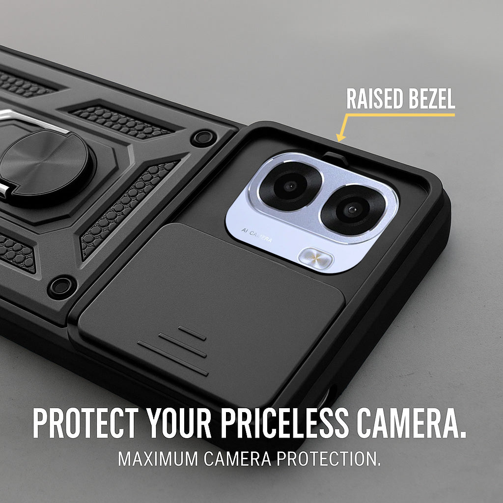 For Oppo K14x 5G Back Cover Case Hybrid Armor (Sliding Shutter Camera Protection | Polycarbonate |Ring Holder Kickstand)