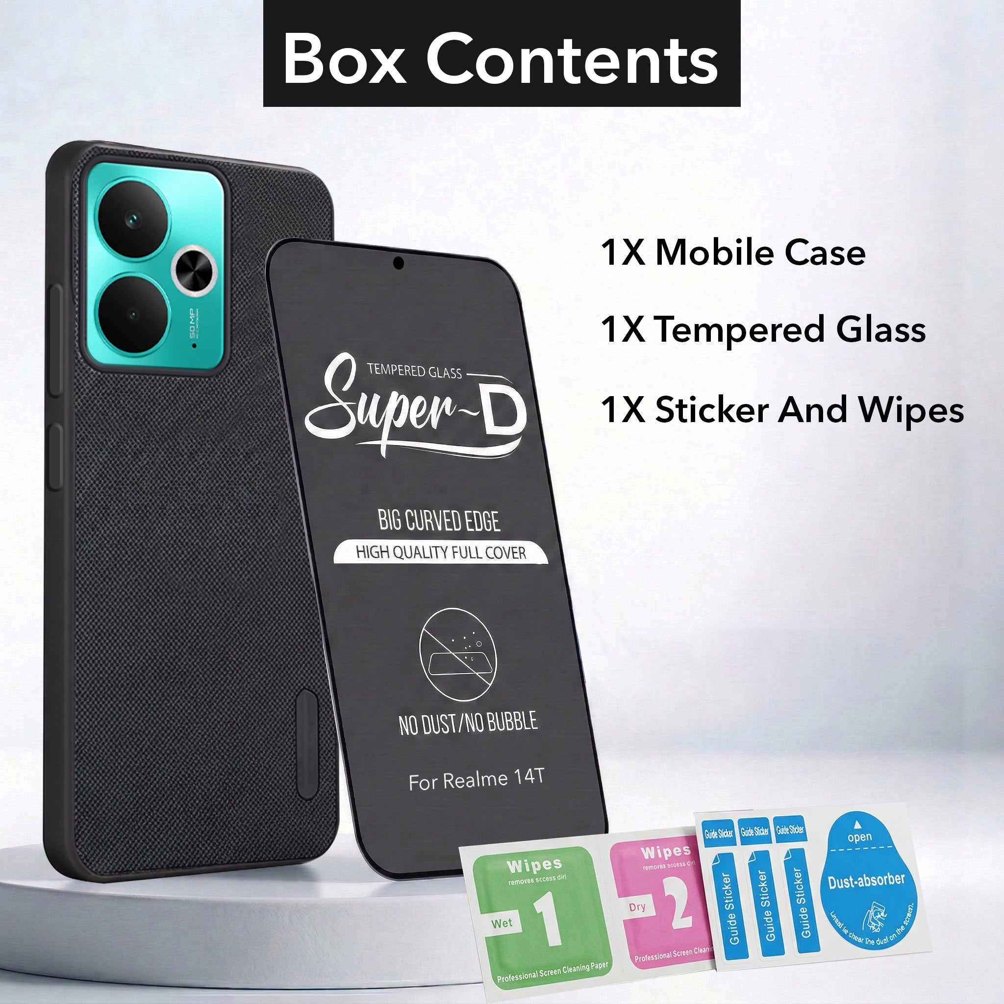 For Realme 14T Combo with Back Cover and 9H Tempered Glass (Textured Grip Design | Micro-Fiber Cloth Inside | Oleophobic Coating Screen Glass)