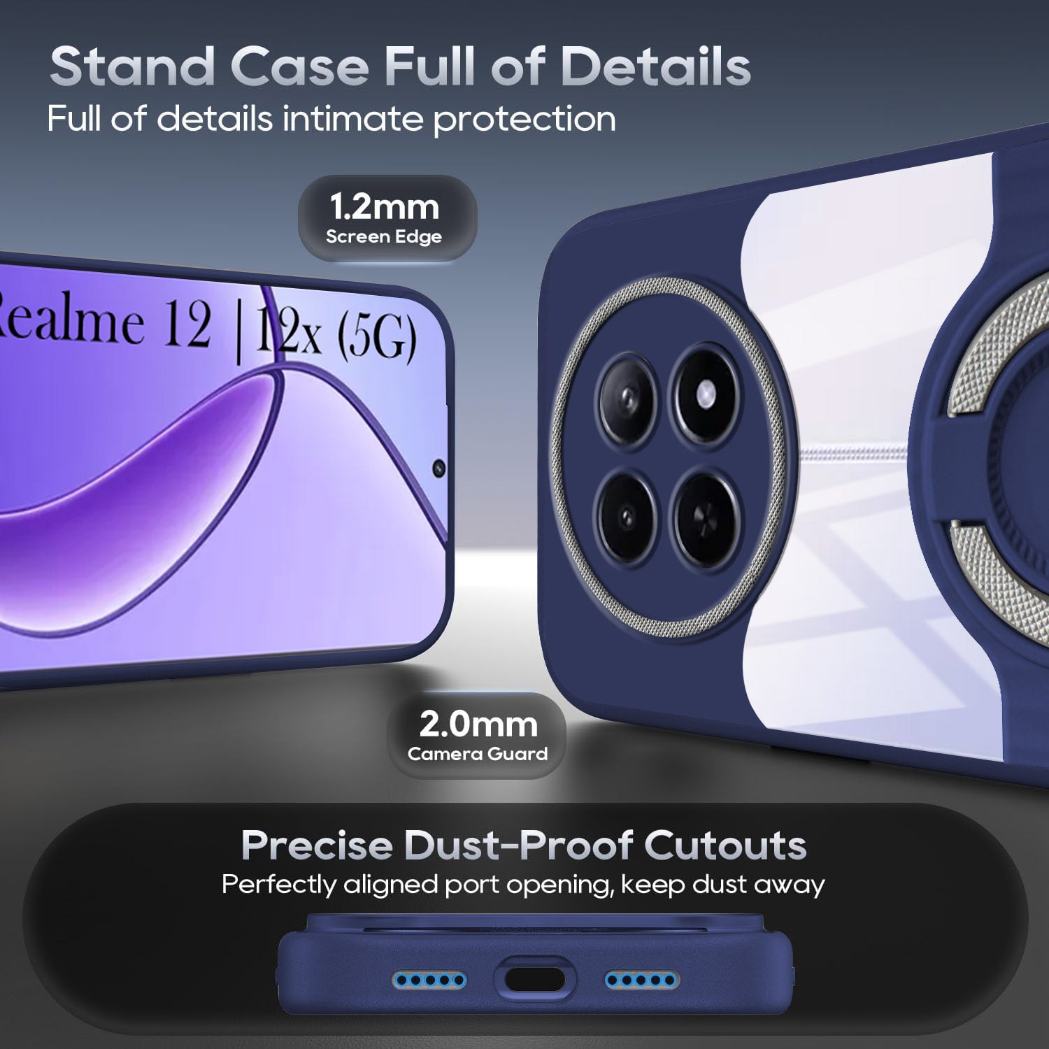 For Realme 12 | Realme 12X Back Cover Case with stand (Built-in Ring Holder Kickstand | Lifetime Anti Yellow | Camera Protection)
