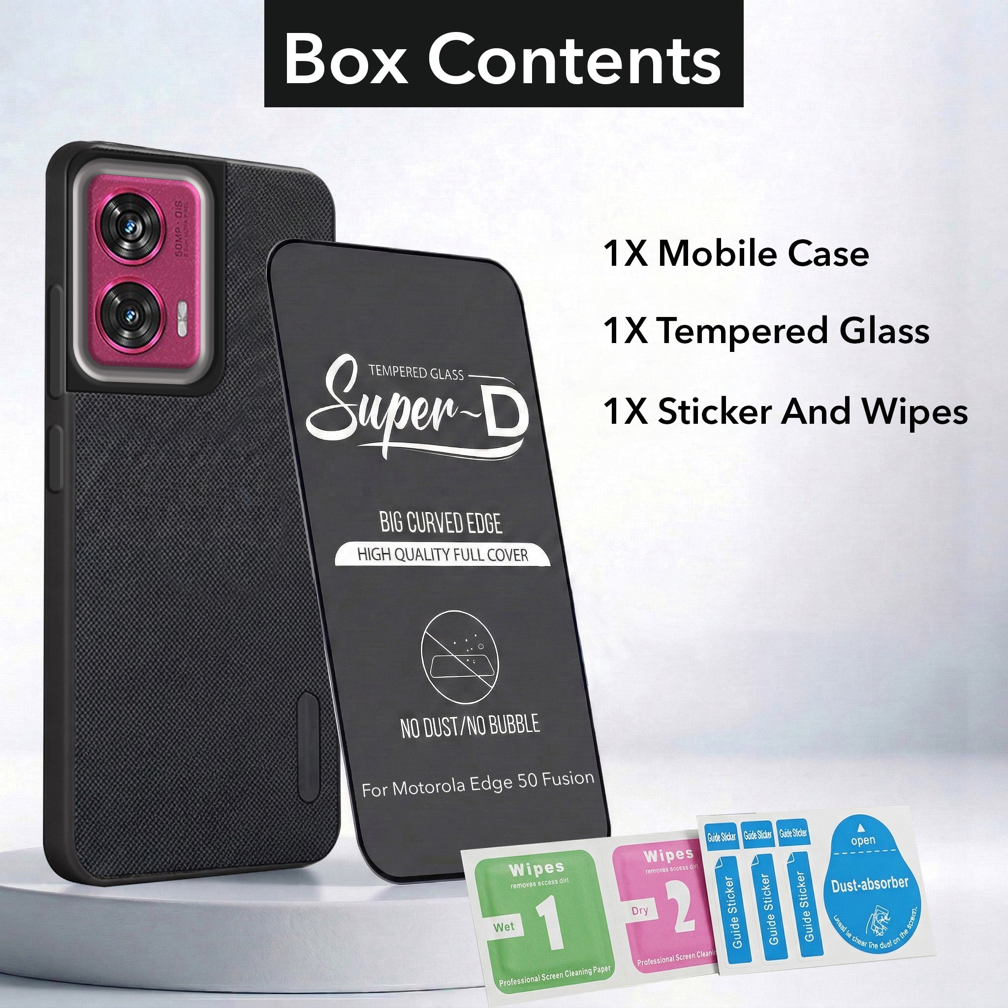 For Motorola Moto Edge 50 Fusion Combo with Back Cover and 9H Tempered Glass (Textured Grip Design | Micro-Fiber Cloth Inside | Oleophobic Coating Screen Glass)