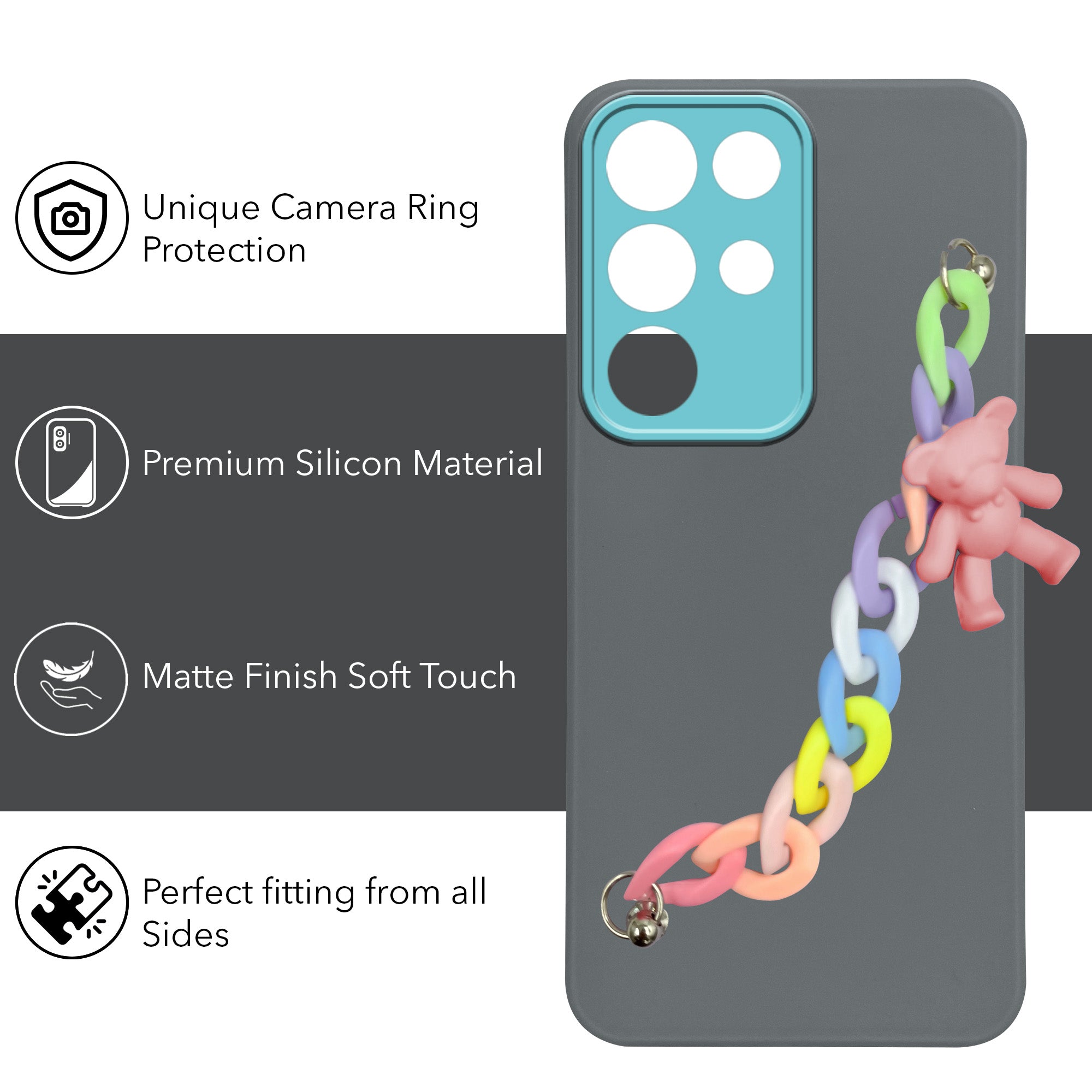 For Realme 15X Back Cover Case (Matte Finish |Wrist Hanging Chain | Teddy Bracelet Charms | Full Camera Protection)