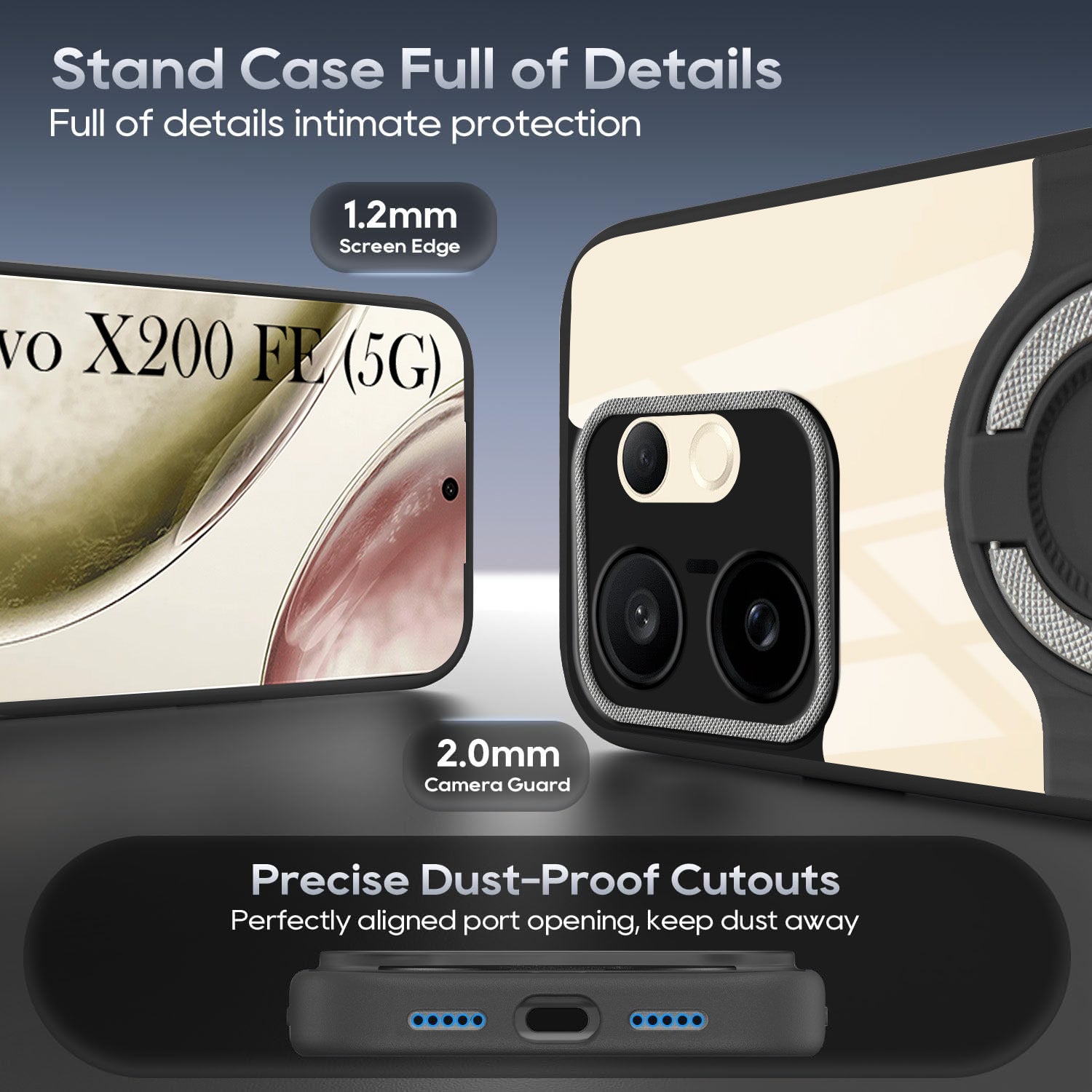 For Vivo X200 FE Back Cover Case with stand (Built-in Ring Holder Kickstand | Lifetime Anti Yellow | Camera Protection)