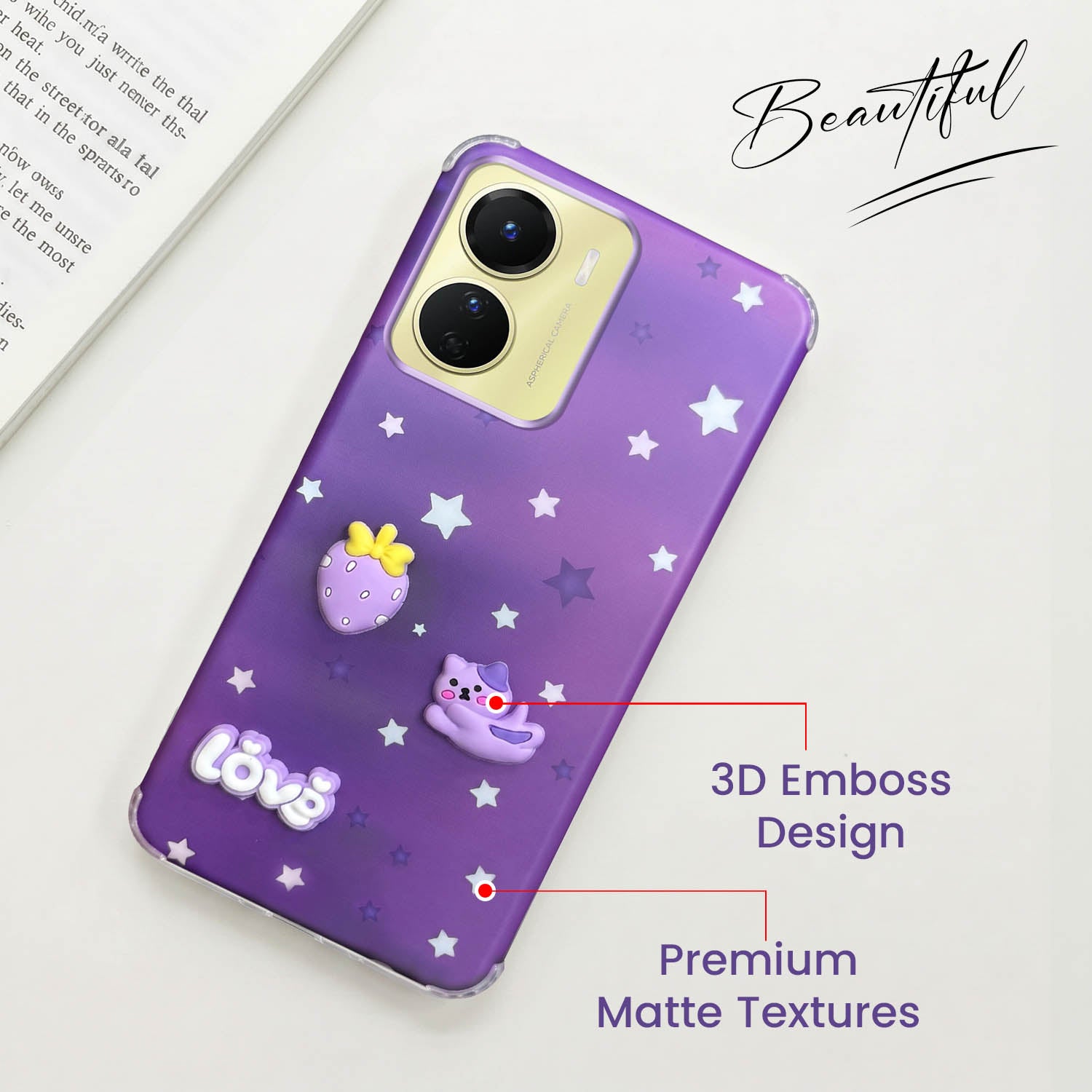 For Vivo Y16 Back Cover Case (3D Cute Cartoons | Hard Back Side Soft | Matte Premium Finish | HD Printing)