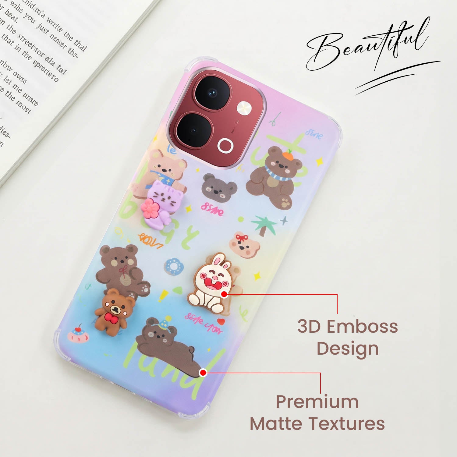 For Vivo Y31T 5G Back Cover Case (3D Cute Cartoons | Hard Back Side Soft | Matte Premium Finish | HD Printing)