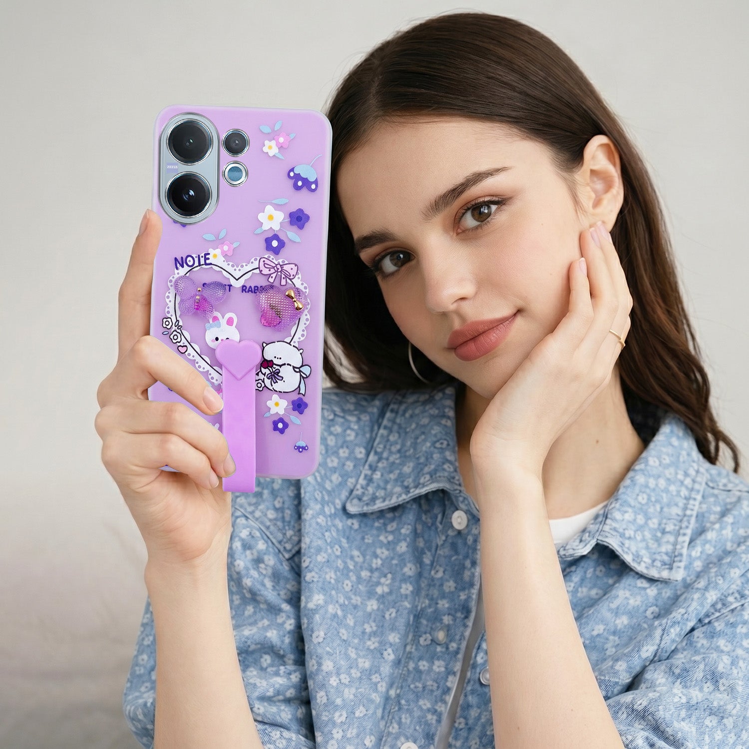 For Vivo V60 | Vivo T4 Pro Back Cover Case (3D Cute Heart Strap Holder | Camera Protection | Designer Girls Print)