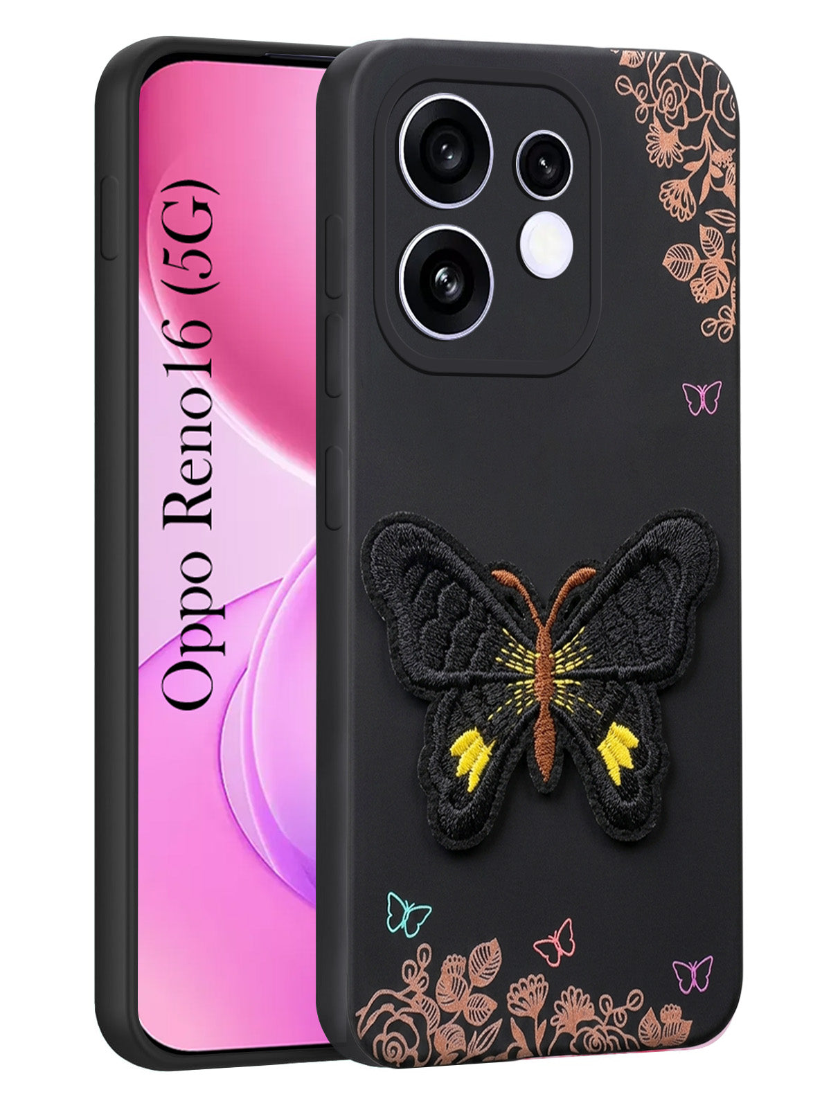 For Oppo Reno 16 Back Cover Case (Soft Butterfly Embroidery | Women Teen Girls | Camera Protection| Matte Silicone)