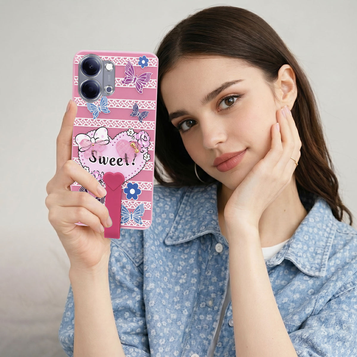 For Vivo Y05 (4G) | Vivo T5 Lite (5G) Back Cover Case (3D Cute Heart Strap Holder | Camera Protection | Designer Girls Print)