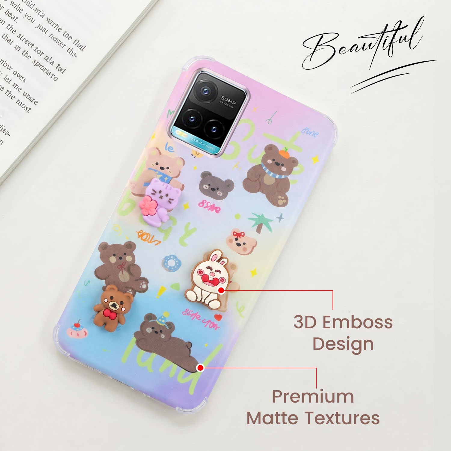 For Vivo Y33s Back Cover Case (3D Cute Cartoons | Hard Back Side Soft | Matte Premium Finish | HD Printing)