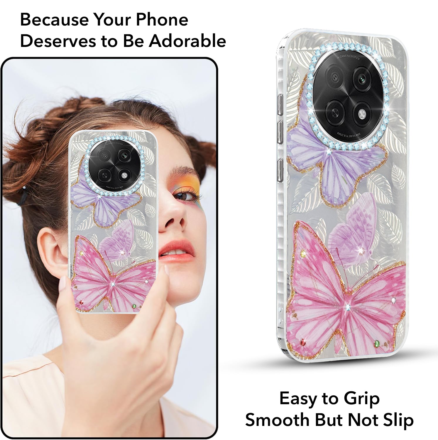 For Oppo F29 Pro Back Cover Case  (Luxury Floral Glitter Cute Butterfly | Diamond Studded Camera Bump | Girls & Women Design)